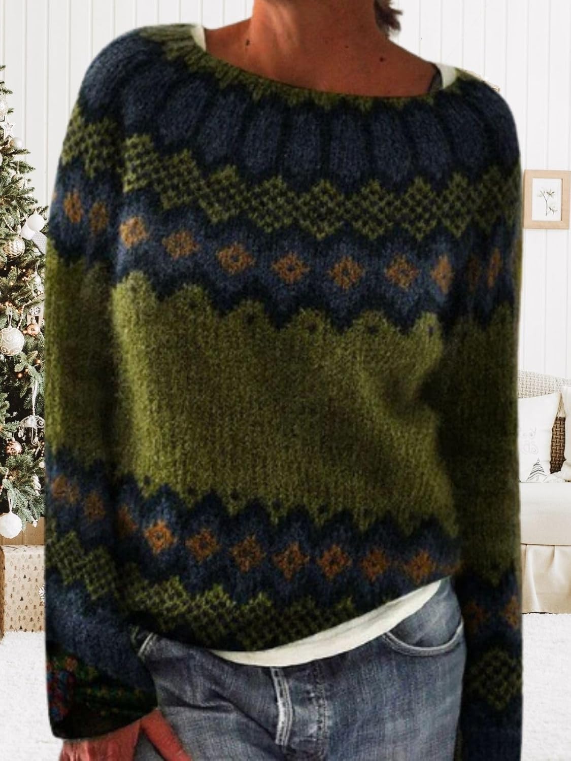 Womens Argyle Vintage Pullover Sweaters Winter Fall Stripes Casual Loose Long Sleeve Knitted Sweater Tops - Image 3