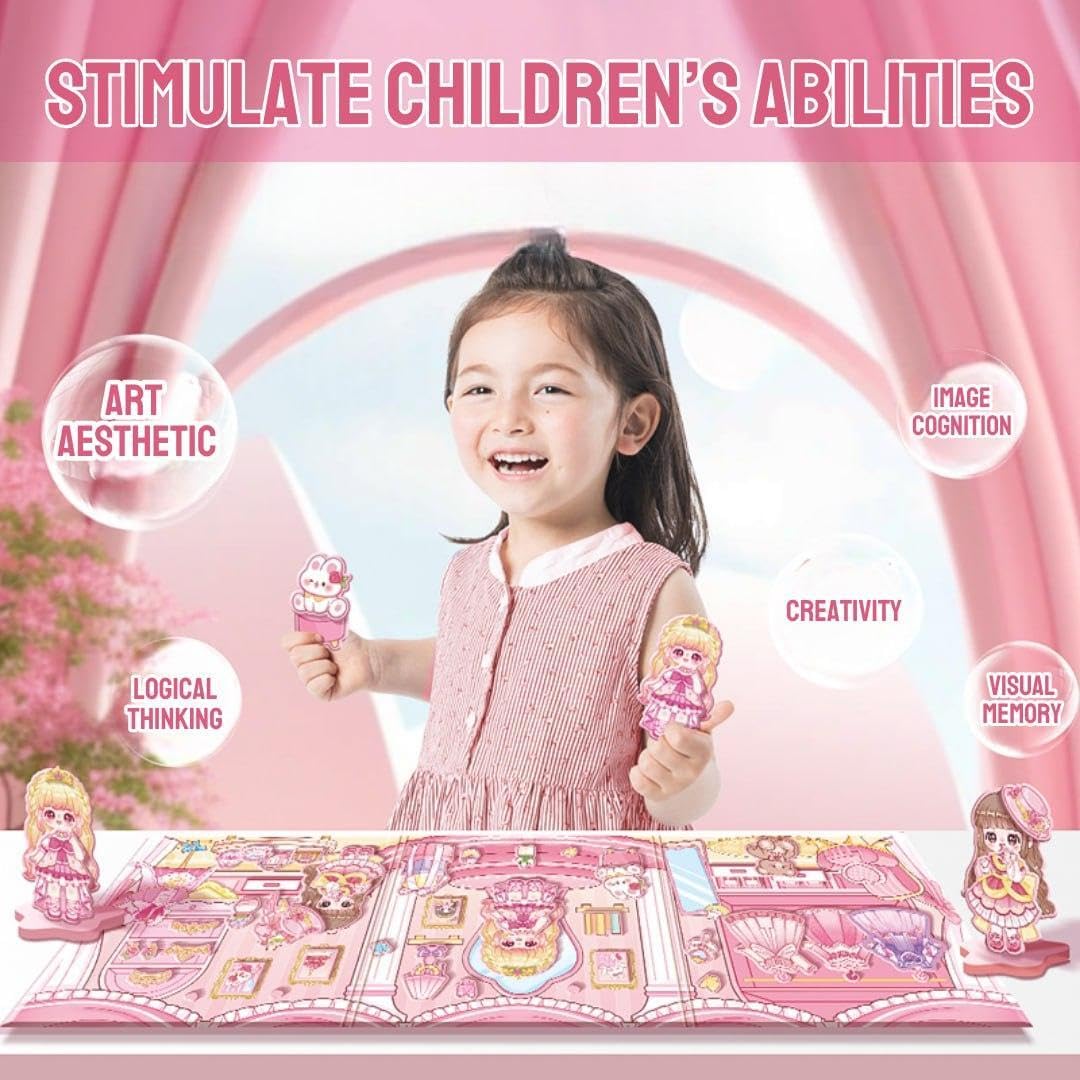 Magnetic Princess Wardrobe Dress-Up Playset with 2 Magnetic Sticker Sheets, 3 Scene Boards & 2 Stands | (DIY Fashion Doll) Toy for Kids 3