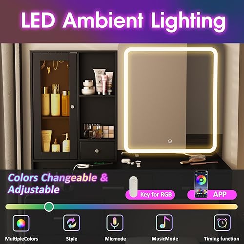 Miniatura 5 de Fameill Escritorio de tocador de maquillaje con espejo y luces, juego de mesa de tocador blanco con estación de carga, tocador con gabinete RGB,