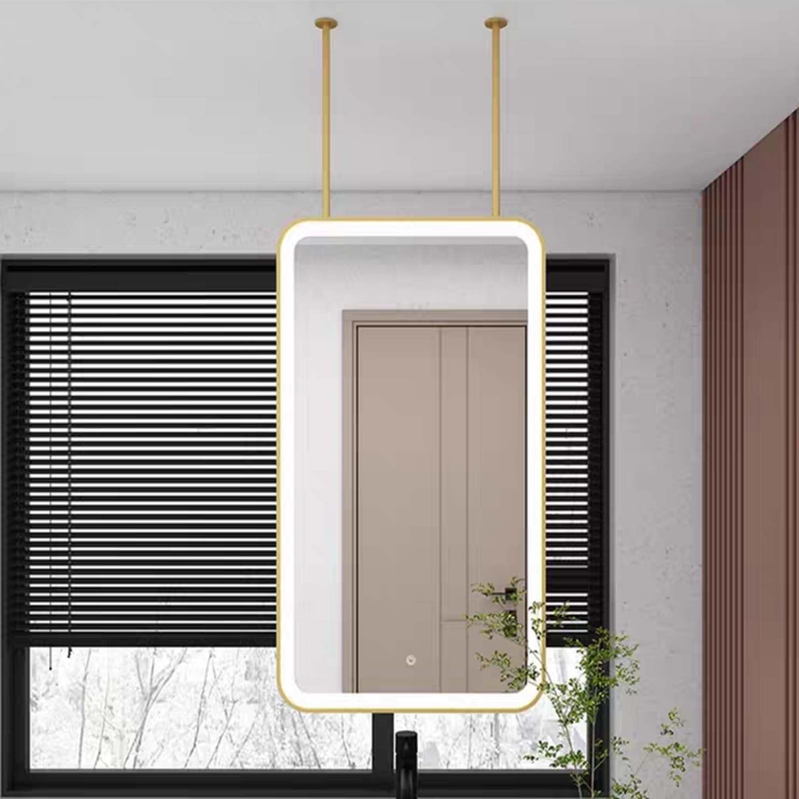 FGXHHS Gold Ceiling Mounted Hanging Double Rod Mirror Square Dimmable 3-Color Mirrors Touch LED Vanity Makeup for Bathroom Over Sink(50cmx70cm)