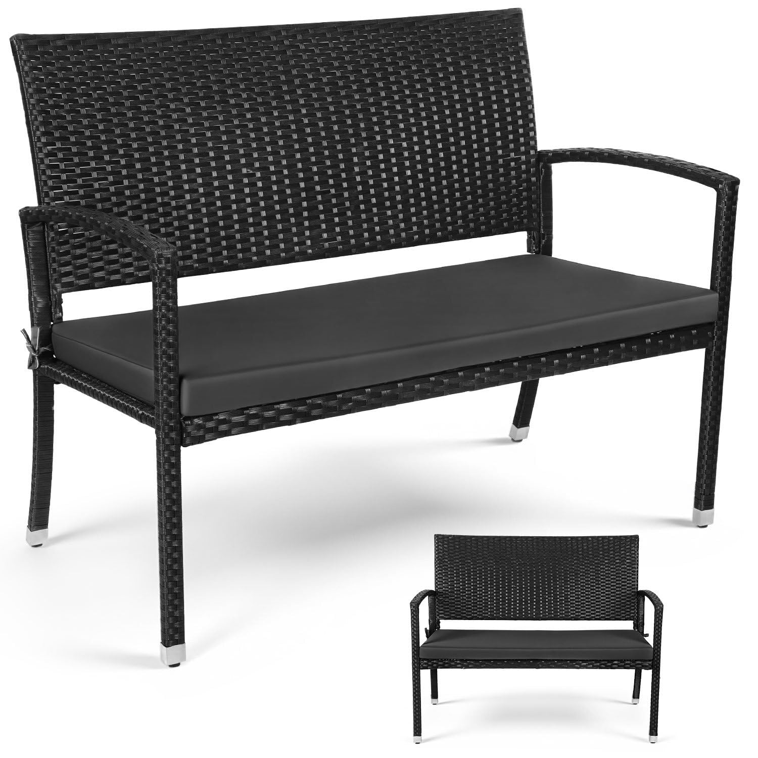 Gartenbank Polyrattan wetterfest mit Kissen, 2-Sitzer Balkonbank bis 227 kg belastbar, 112 x 58 x 90 cm, outdoor bank mit Rückenlehne und Armlehnen,Sitzbank für Balkon und Terrasse，Schwarz