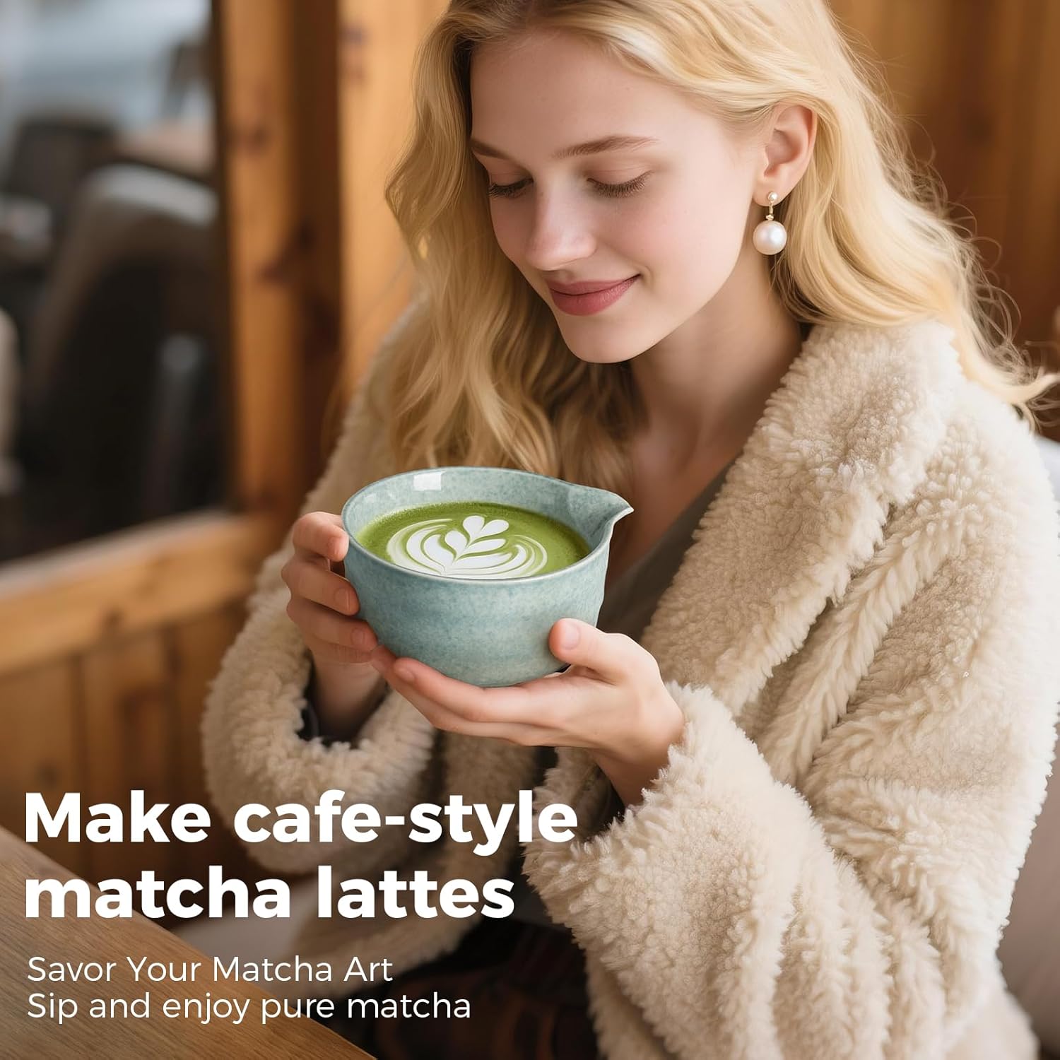 Matcha Whisk Set - Bamboo Whisk and Holder, Bowl with Spout (17 oz), Matcha Sifter and Scoop, 5 Pcs Cute Matcha Kit Set Gift for Matcha Lovers (Bluish Green) - Image 5