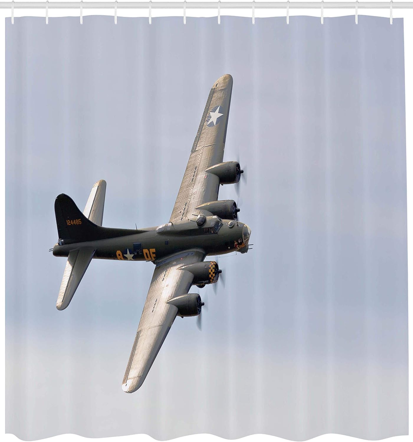 Lunarable Airplane Shower Curtain, Memphis Belle Boeing B17 Flying Over Shoreham Retro Airfield Technology Image, Cloth Fabric Bathroom Decor Set with Hooks, 105" Extra Wide, Pale Purpleblue