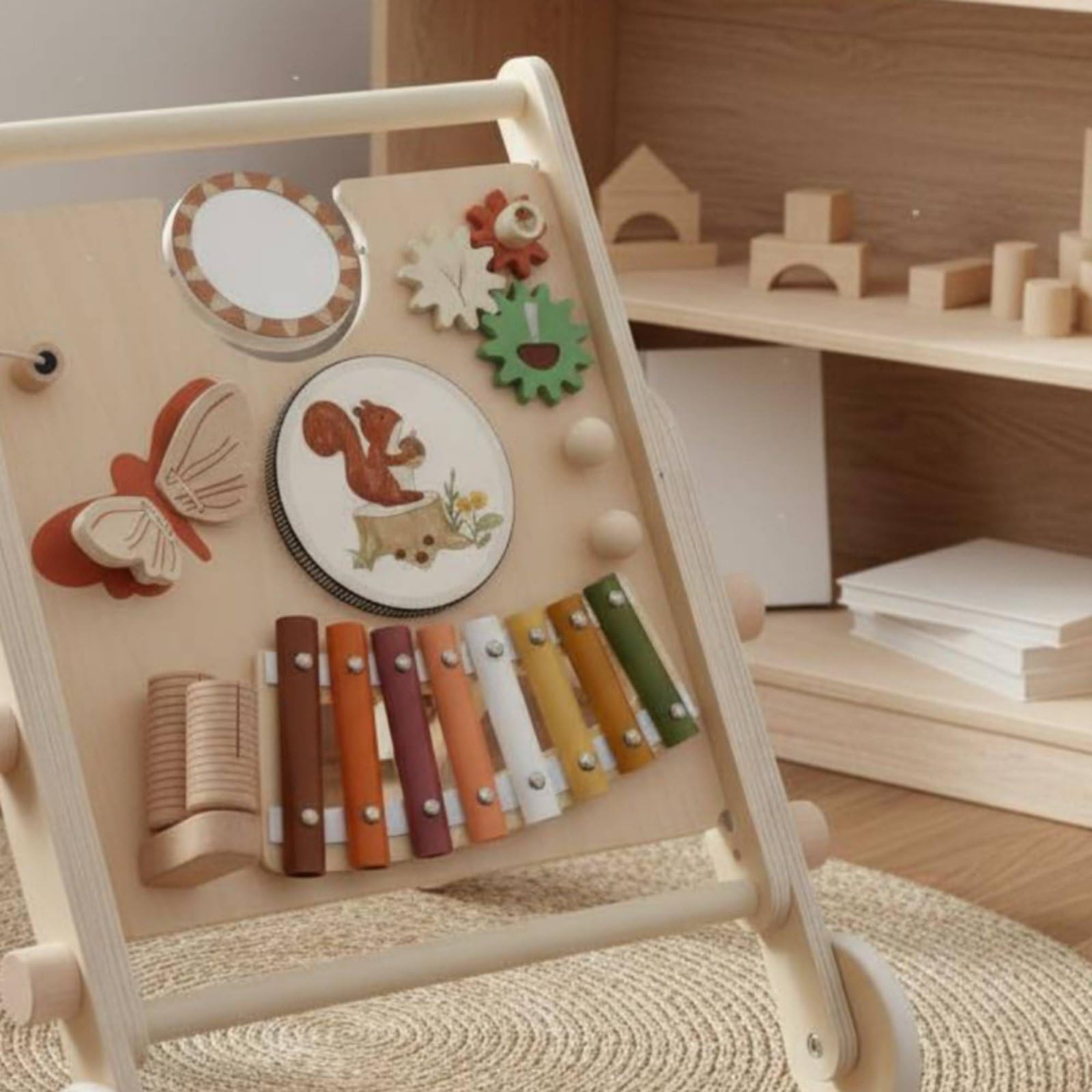 Jiuvaso Carrello Musicale Bambino con Tastiera Xilofono E Pannello Girevole Giocattolo da Spinta in Legno con Bordi Arrotondati per Gioco Attivo E Apprendimento Precoce Neonati