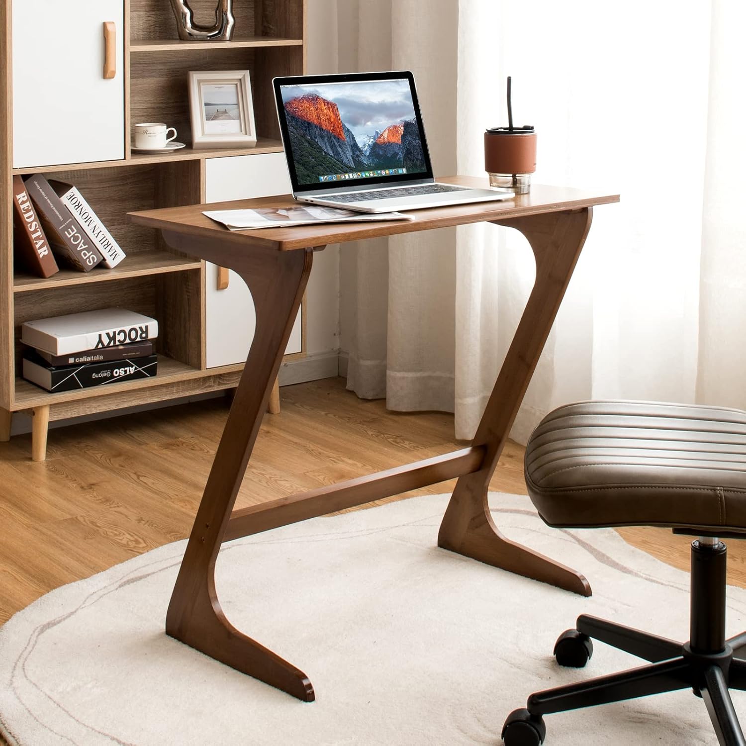 Tangkula Bamboo TV Tray Sofa Side Table, Z-Shaped Couch Table with 30” x 16” Tabletop, Space-Saving Snack Laptop Desk, Quick Assembly, End Table for Home, Office, Library (1, Brown)