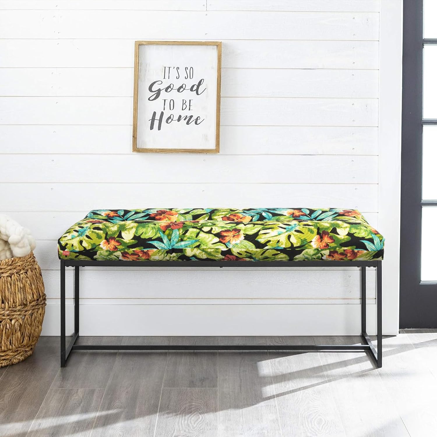 Indoor Outdoor Bench Cushion 45"x18", Non-Slip Patio Furniture Seat Pads, Waterproof Overstuffed Tufted Loveseat Cushion with Round Corner for Window,Swing,Garden,Porch-Tropical Green Leaves