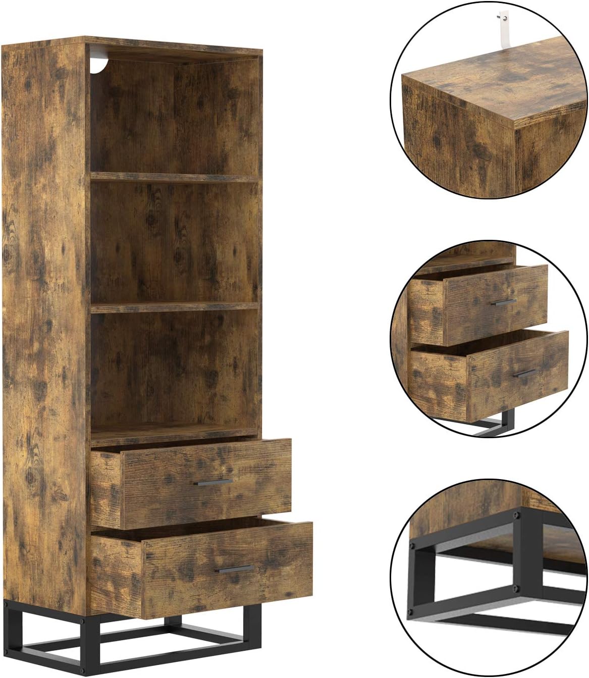 IRONCK Industrial Bookcase with Drawers, 3-Tier Small Book Case for Living Room, Office, Library, Storage Cabinet for Books, Photos, Decorations, Industrial Brown