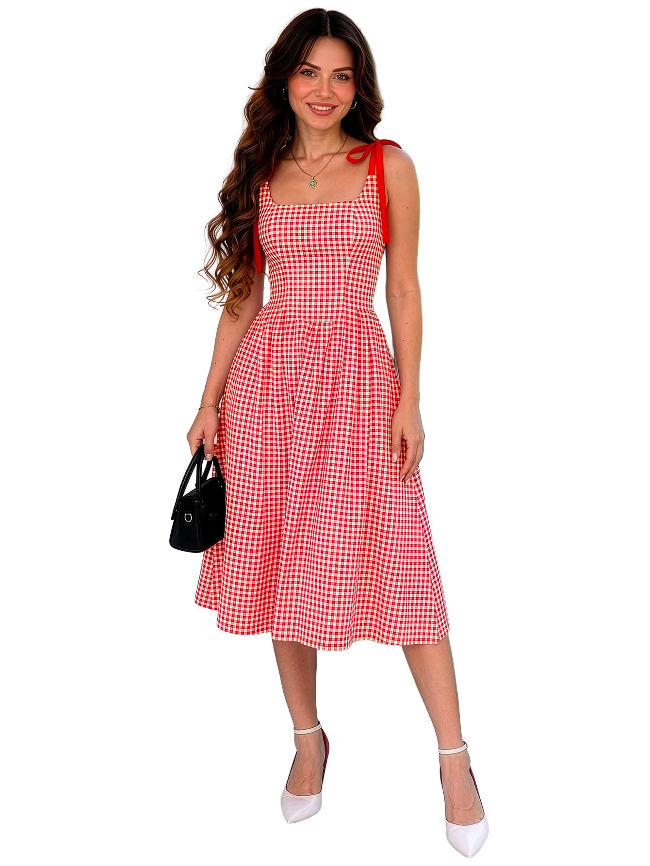 Fit and Flare Gingham Checks Spaghetti Strap Shoulder Knot Detail Midi Dress for Women's & Girl's-image-37