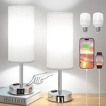 Touch Lamps for Bedrooms Set of 2 Bedside - 3 Way for Nightstand, Modern End Table Lamp with USB C Ports Outlets, TWO Dimmable Bed Side Lamps for Living Room, Night Stand Light Kid Guest