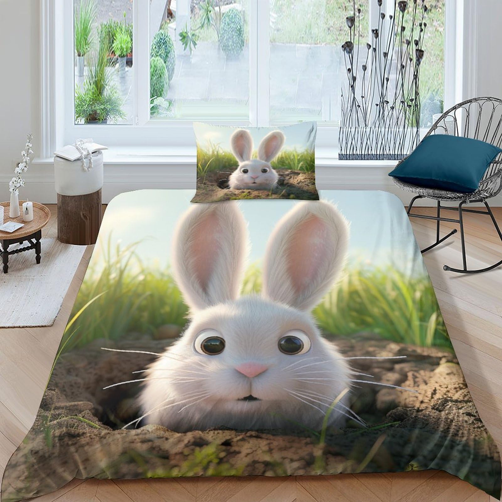 Housse de couette lapin 3D idée cadeau lit enfant microfibre douce 3 pièces