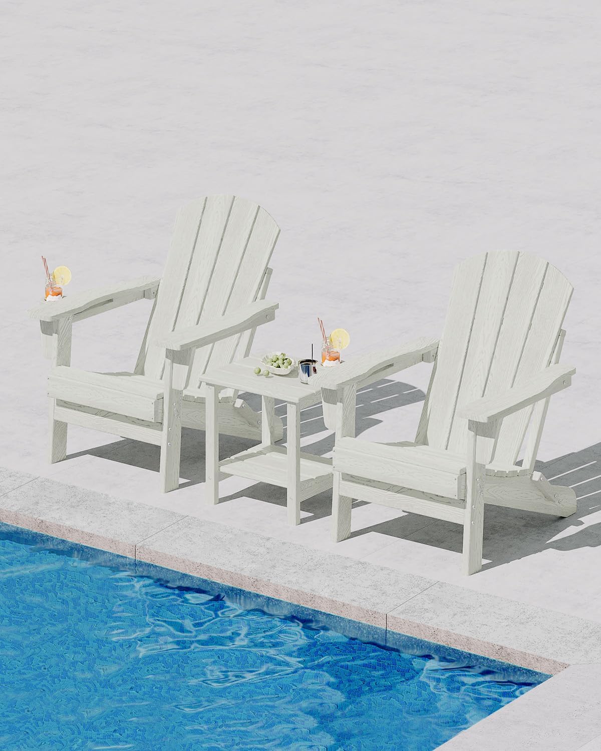 GarveeLife Folding Adirondack Chair Set of 2 with Side Table, All-Weather HDPE Outdoor Chair, Wooden Textured with Cup Holder for patios, Decks, Gardens, fire pits, White