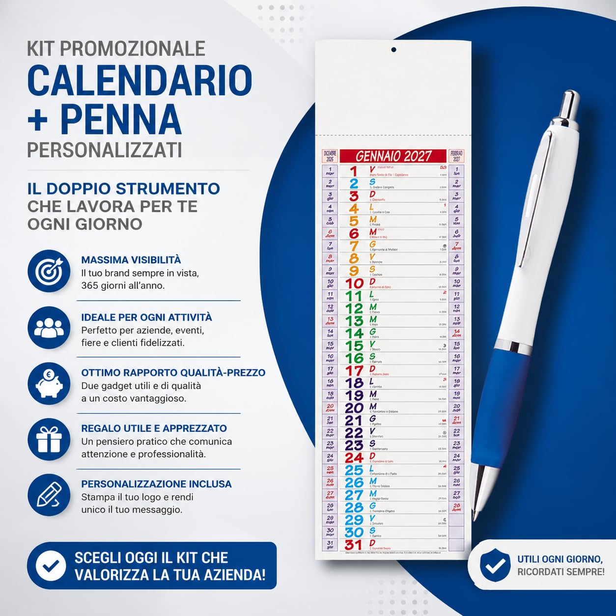 100 Calendari Personalizzati 2027 + 100 Penne Personalizzate Gadget Pubblicitari di Fine Anno come Omaggio per i Clienti Regali Aziendali promozionali Kit Smart