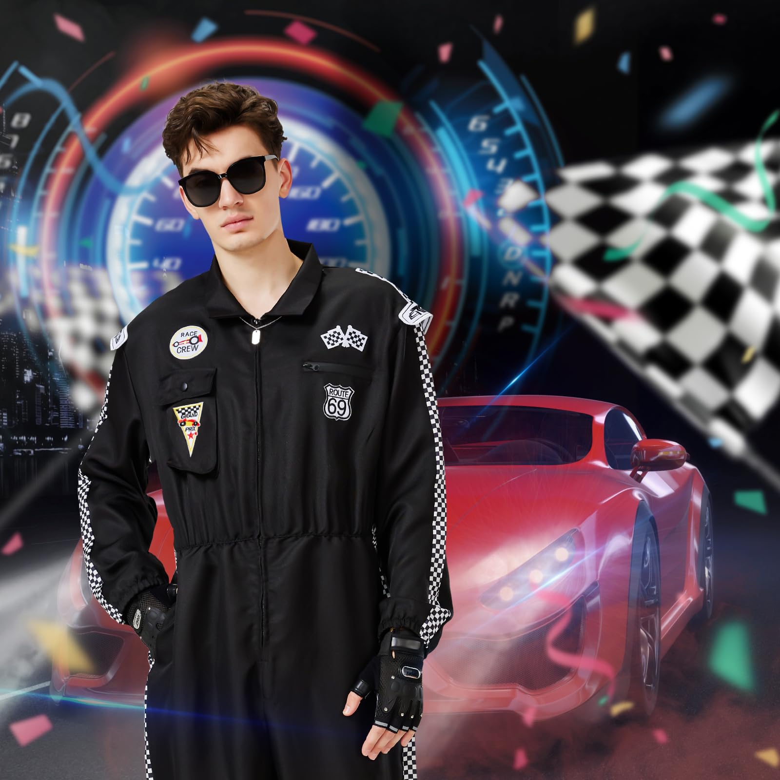 Charmofun Rennfahrer Kostüm Herren, Rennfahrer Anzug Overall Jumpsuit für Erwachsene, Racer Overall Rennwagenfahrer Kostüm mit Handschuhen, Sonnenbrille für Karneval