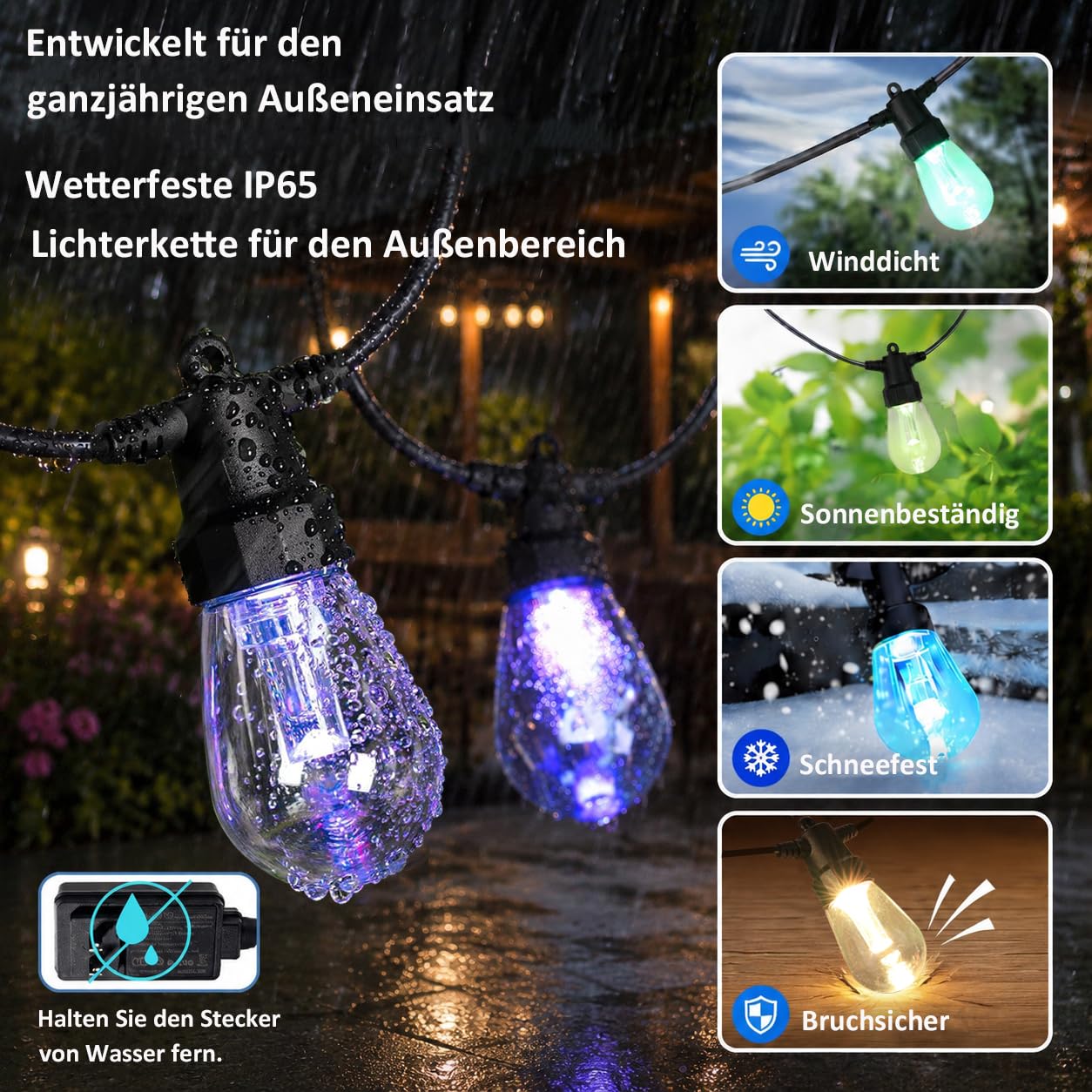 Led Lichterkette Außen Strom 16m 20 Led Bunt Farbwechsel für Party Garten | Outdoor IP65 Wetterfeste, Dimmbar, mit App & Fernbedienung steuerbar für Balkon Terrasse, Bruchsichere