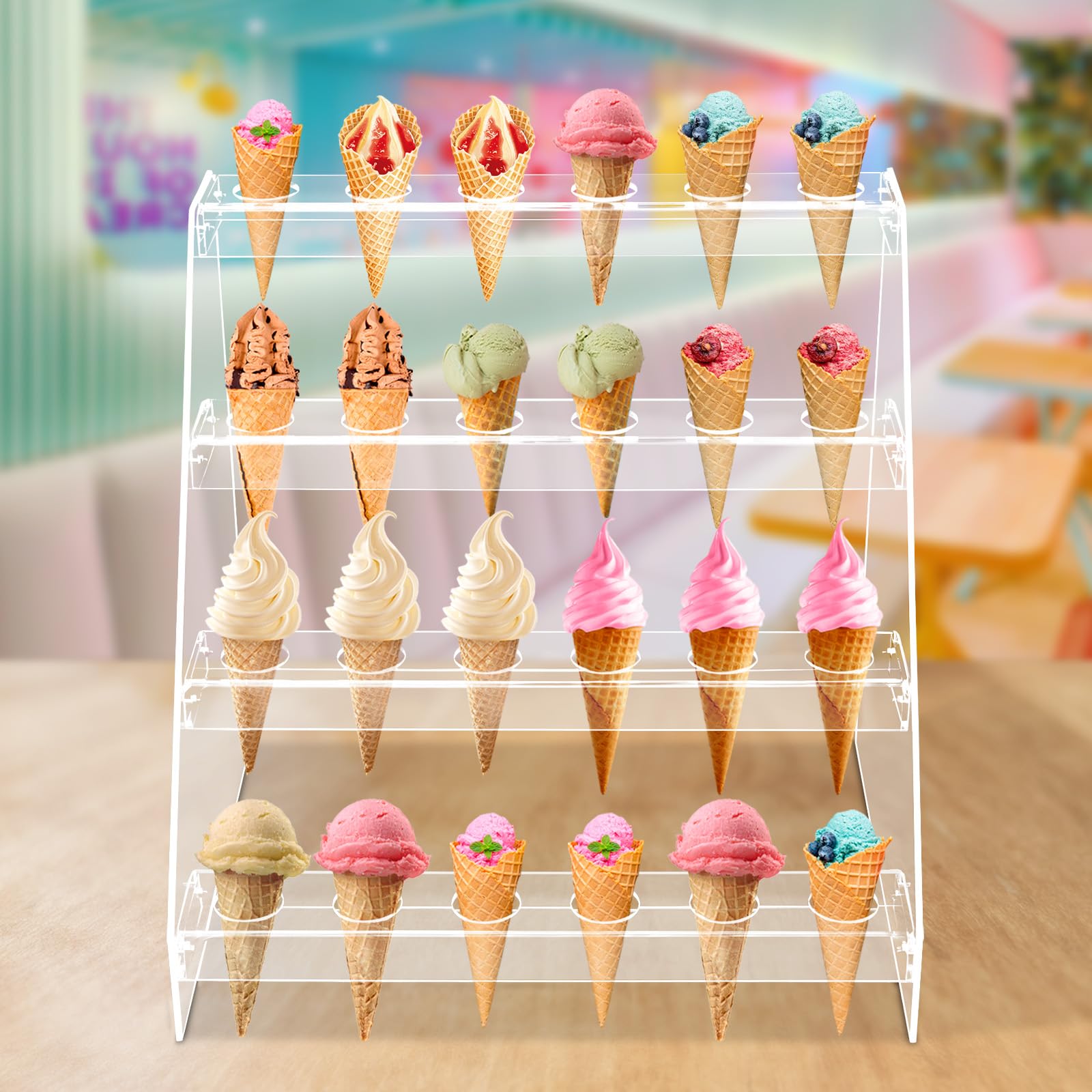 TFCFL Clear Acrylic Ice Cream Cone Holder Stand, Food Cone Display Stand Rack Ice Cream Cone Serving Holder for Buffets Party, 24 Holes Food Stand Multi Level Ice Cream Stand (4 Layer, 24 Hole)