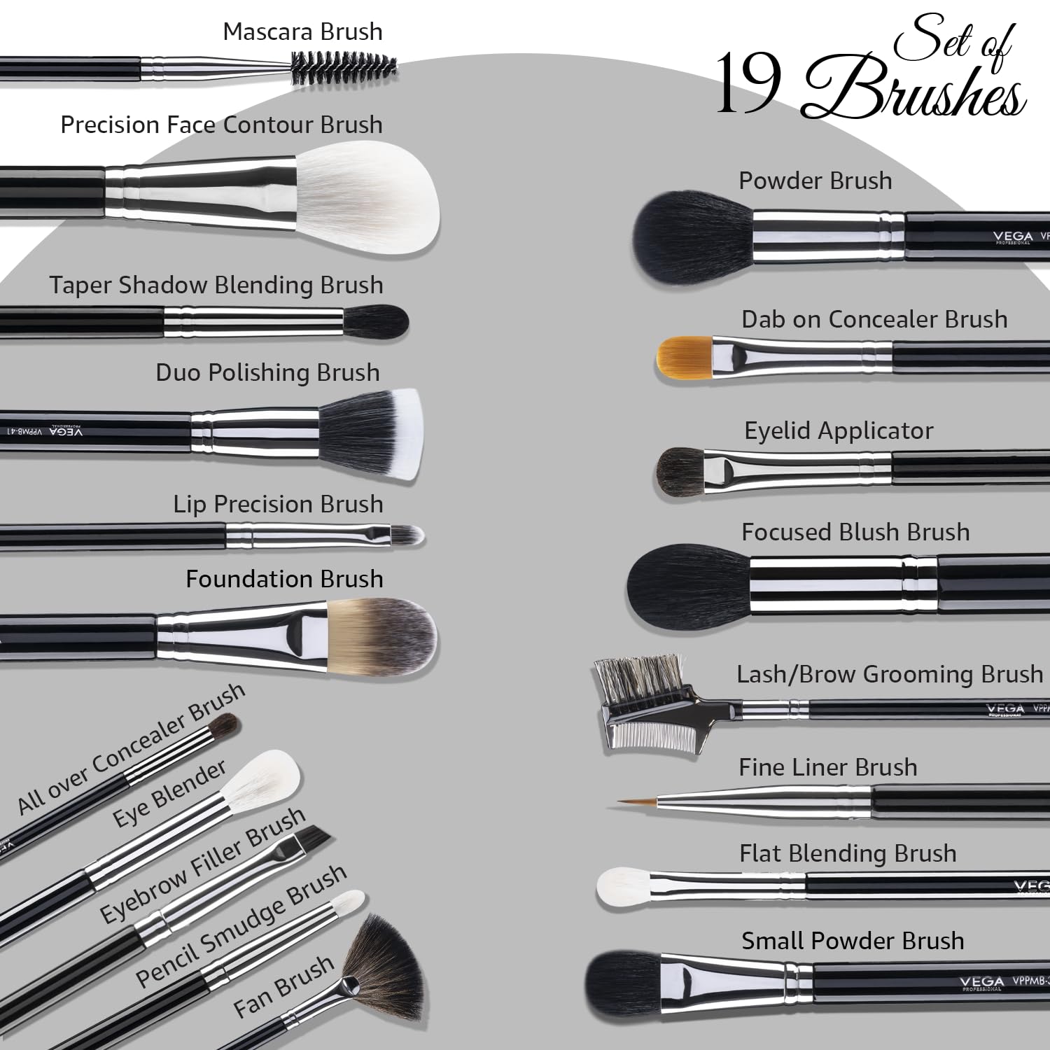 VEGA PROFESSIONAL Juego de 19 brochas de maquillaje (VPPMB-44)