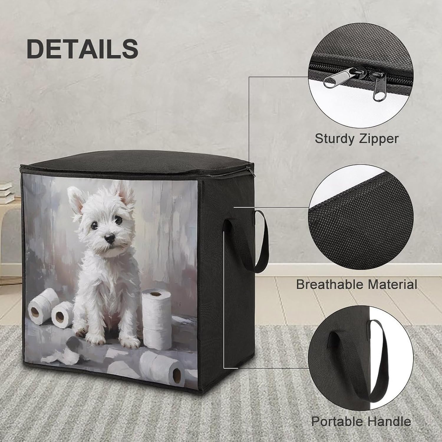 White Terrier Puppy Sitting on The Bathroom Large Comforter Blanket Storage Bags Bins 70L Closet Organizer with Handles
