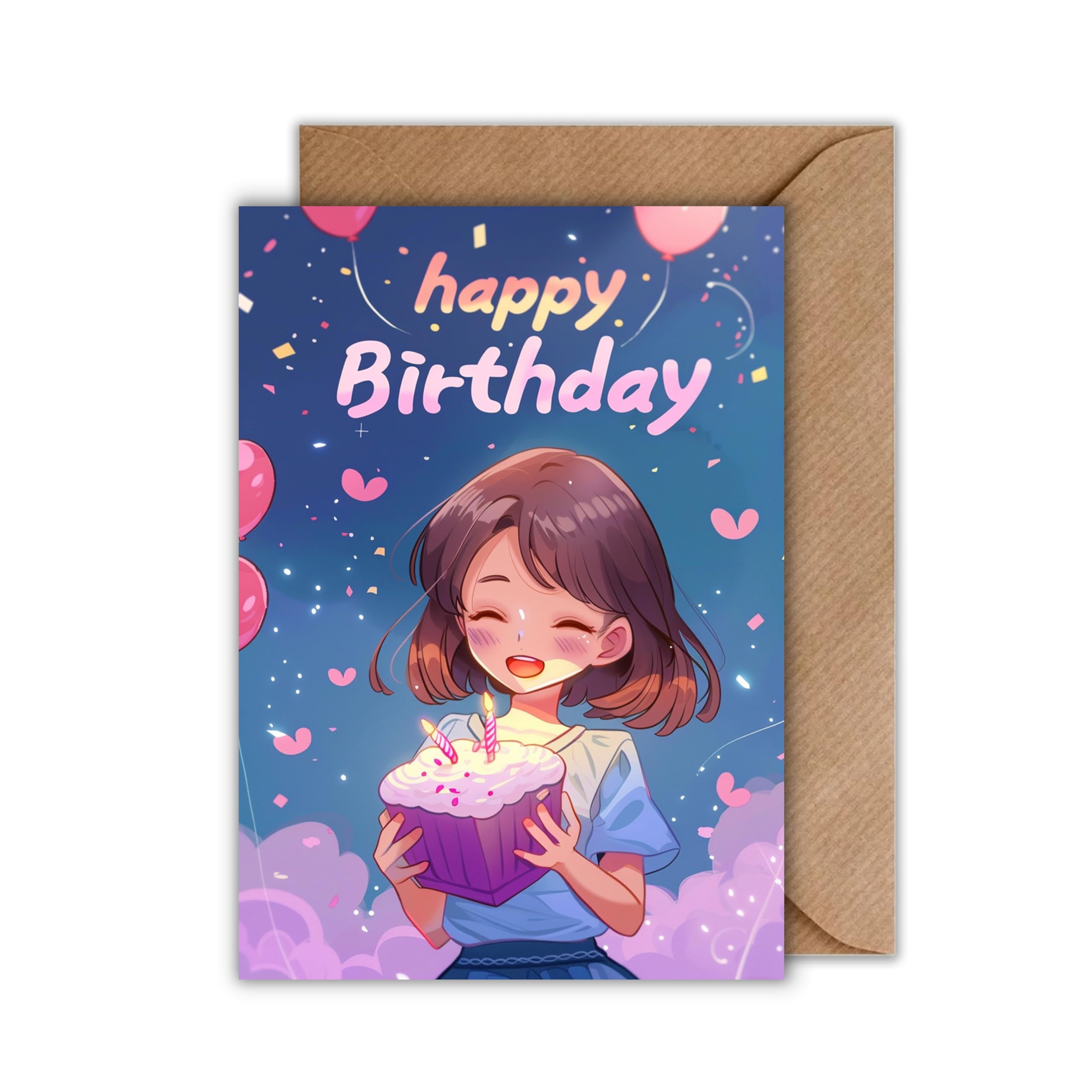 Biglietto di compleanno anime – Divertente biglietto di auguri DIN A6 con gatto e palloncini, biglietto pieghevole con busta per otakus, fan di manga, adolescenti e cosplayer