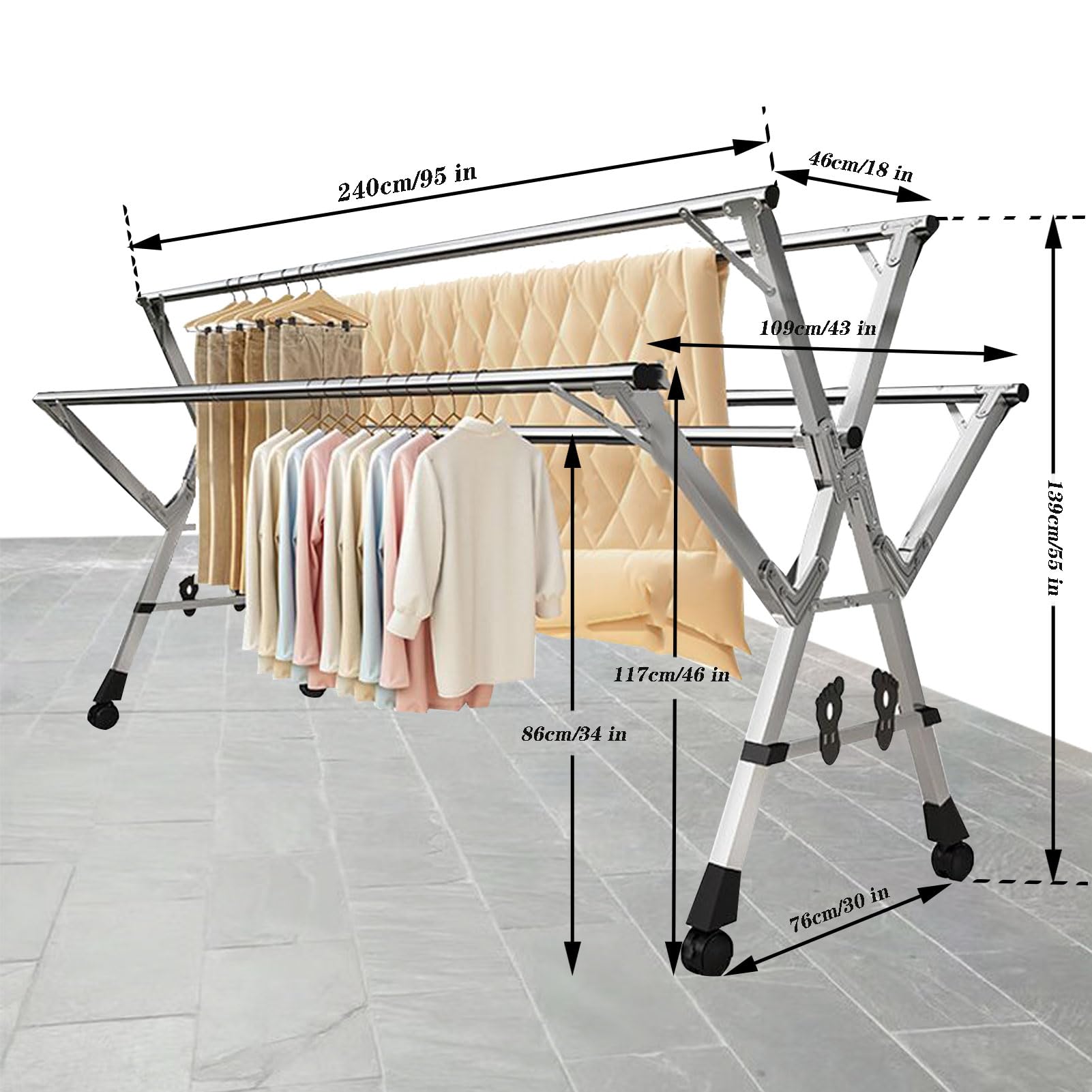 Tendales De Ropa Plegable Vertical, Tendedero De Ropa Exterior para Balcon, Clothes Drying Rack con Ruedas para Interior Y Exterior, Tendedero Ropa Acero Inoxidable (240cm/95in)