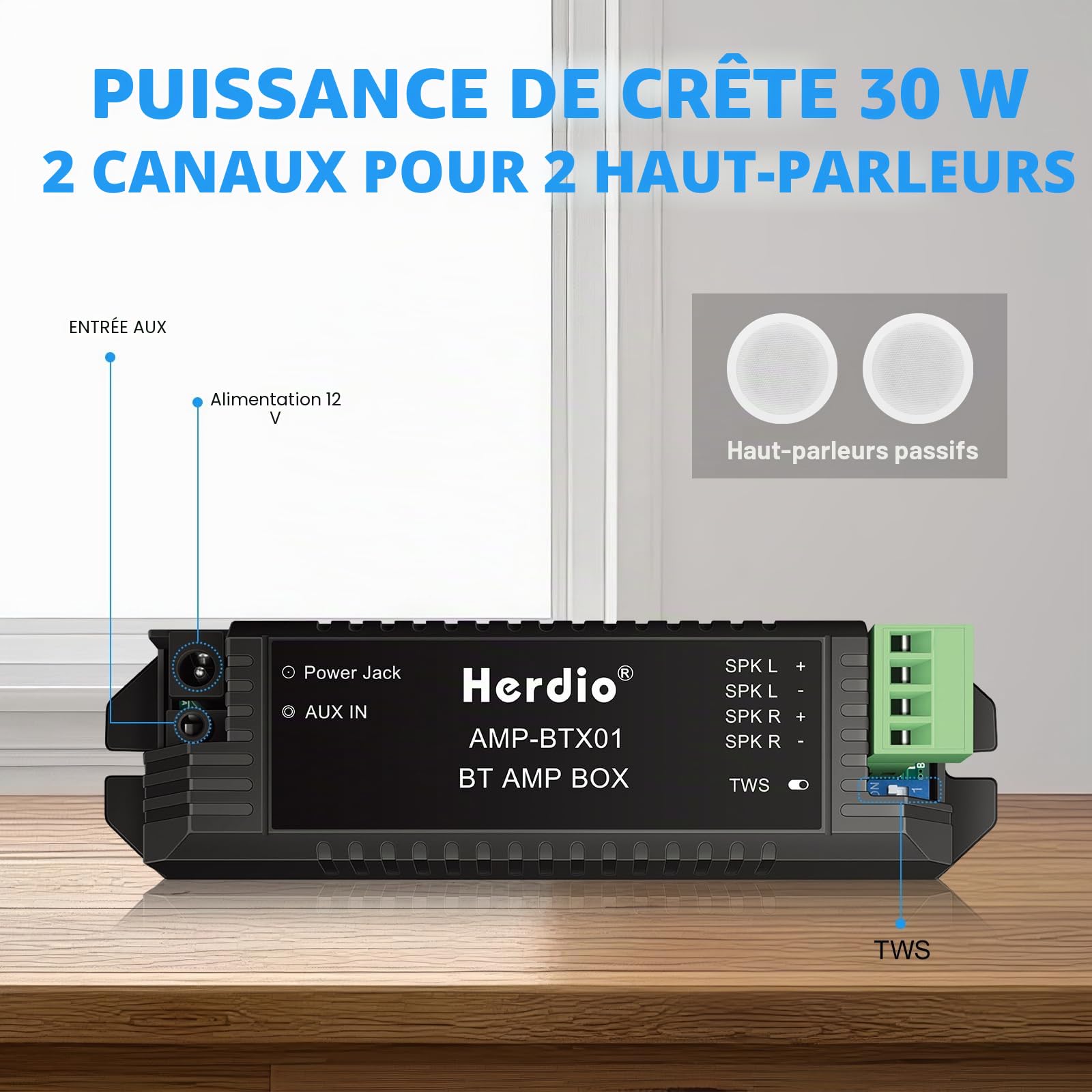 Herdio 2 Channel Receiver System Bluetooth Home Audio AV Receiver and Amplifier, pour Enceintes passives AUX TWS, Convient aux plafonds la Marine Home cinéma Garage l'extérieur et à l'intérieur