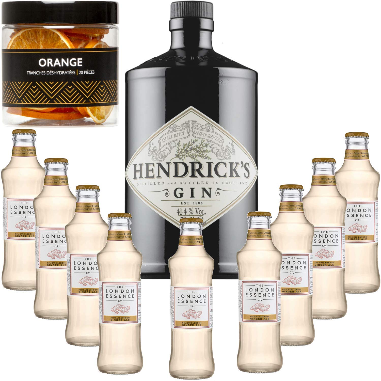 Gintonic - Hendricks Gin 41,3 ° + 9London Esencia"Ginger Ale '- (70cl + 9 20cl *) + Pot 20 rebanadas de naranja seca.
