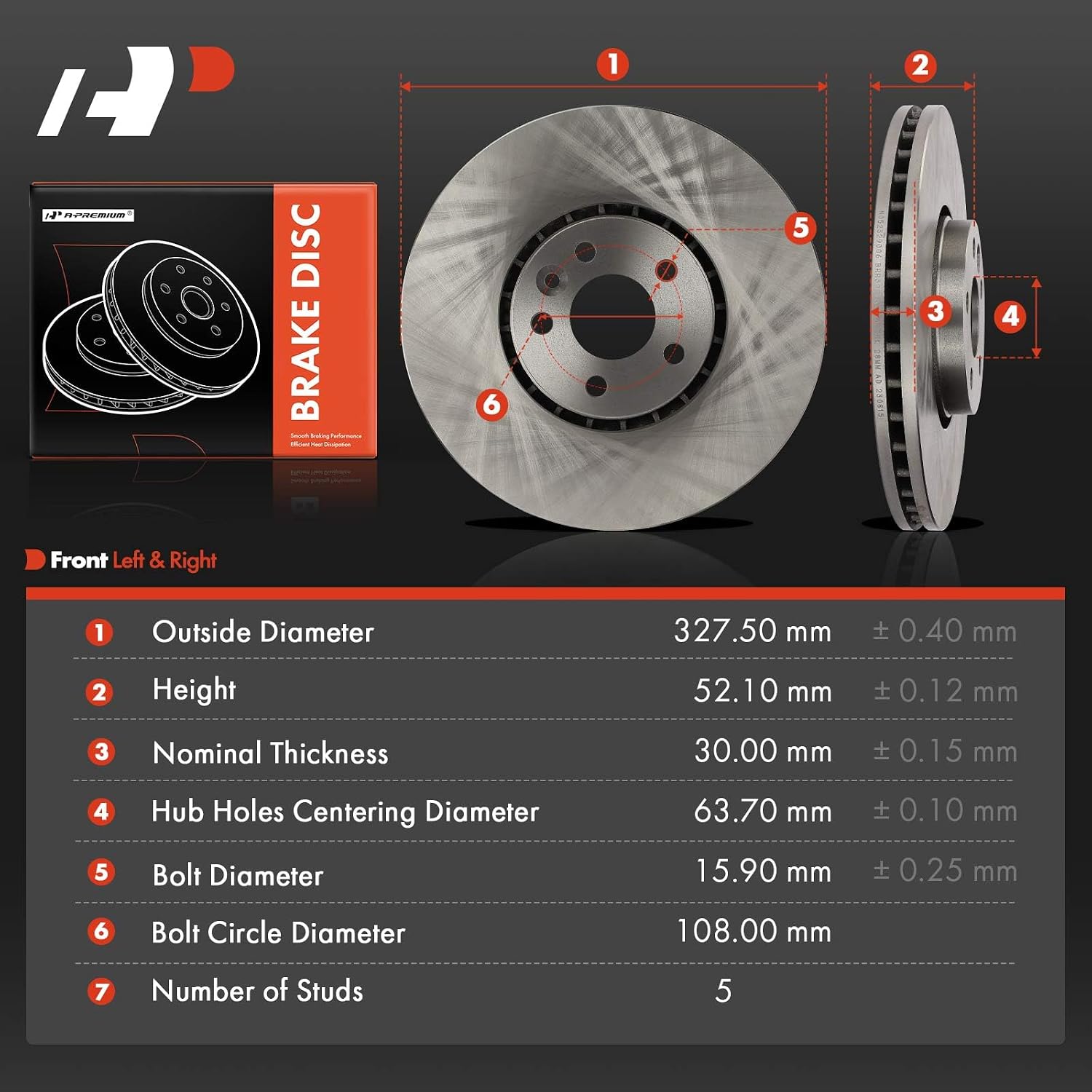 A-Premium 12.89 inch (327.5mm) Front Vented Disc Brake Rotors Compatible with Select Volvo Models - XC60 2010-2015 2017, 2.0L 2.5L 3.0L 3.2L, 2-PC Set