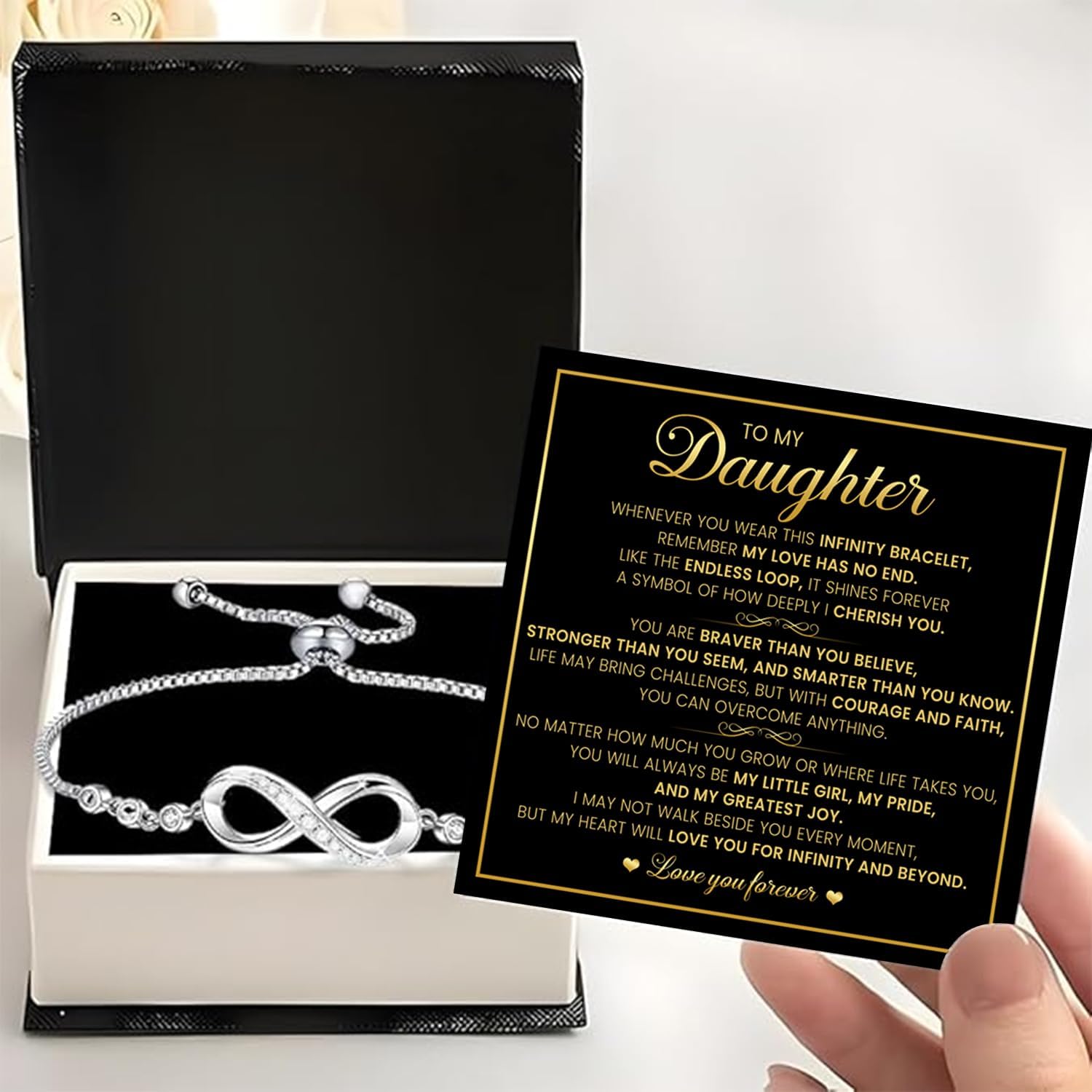 To My Daughter Infinity Bracelet from Dad and Mom – Symbol of Endless Love with Sparkling Cubic Zirconia, Elegant Gift Box Included, Meaningful Jewelry for Birthday, Graduation, Wedding, Christmas - Image 5