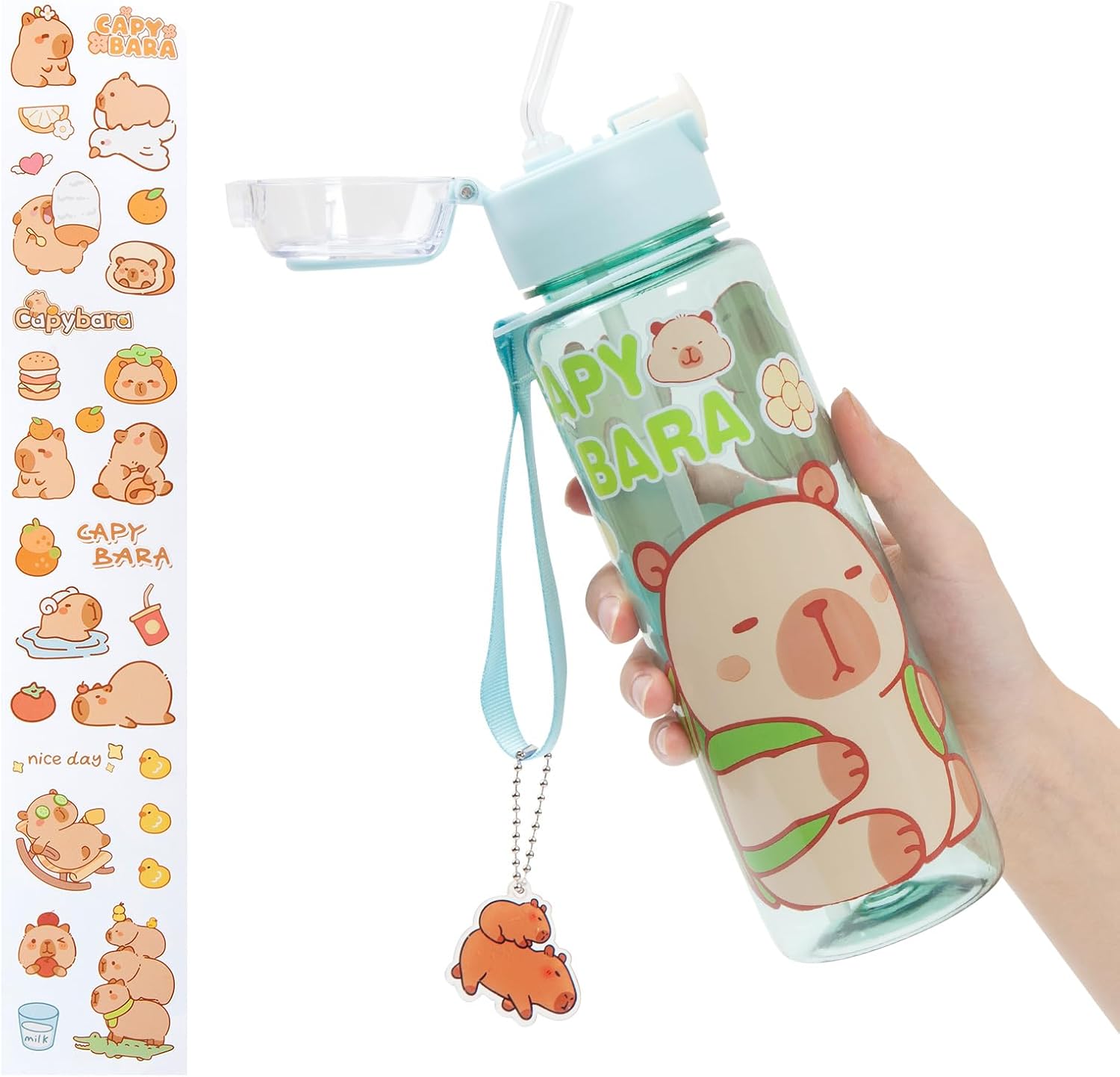 Capybara Water Bottle Kawaii Water Bottle with Straw and Sticker, Portable Leakproof BPA-Free Drinking Bottle for Girls Boys Outdoor Sports, 24 oz (Green Transparent)