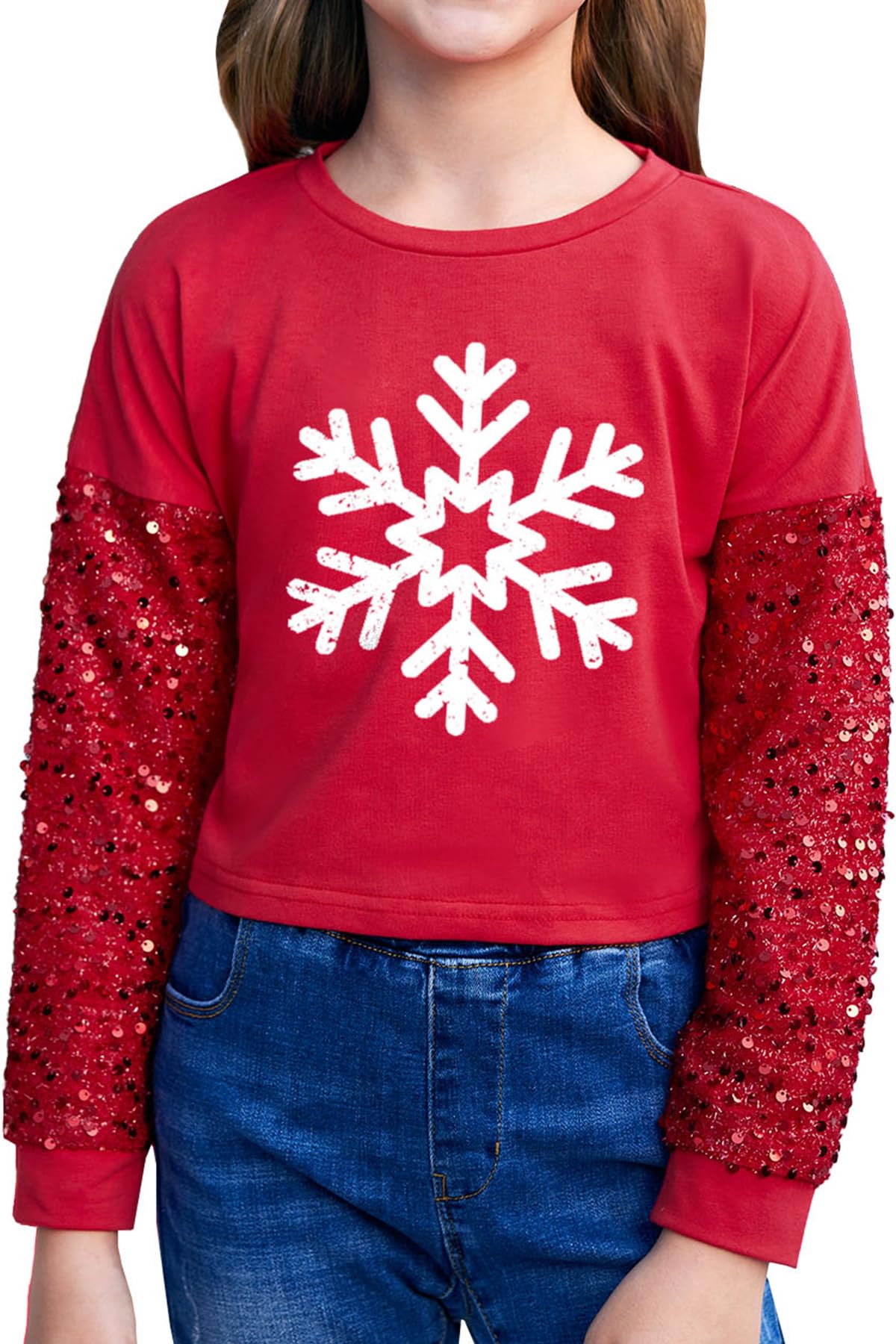 BesserBay Camisa de manga larga para niñas, diseño de retazos de lentejuelas, para Navidad, de 6 a 14 años