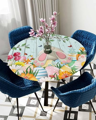 Miniatura 5 de Mantel redondo elástico de Feliz Navidad, mantel ajustable de invierno para mesa redonda a prueba de aceite, impermeable (se ajusta a mesas redondas