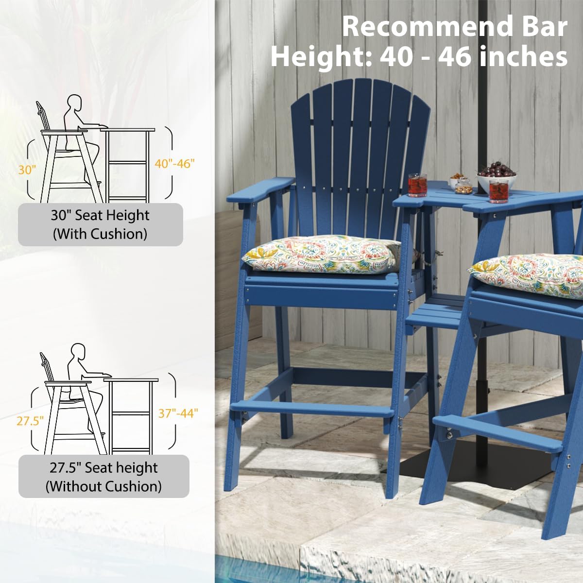 Sundale Outdoor Tall Adirondack Bar Set, Patio Umbrella Table and Bar Chairs Set of 2, 3 Pieces Counter Height Dining Bistro Set, Pub Table with HDPE Stools, 2 Umbrella Hole Caps, Navy Blue
