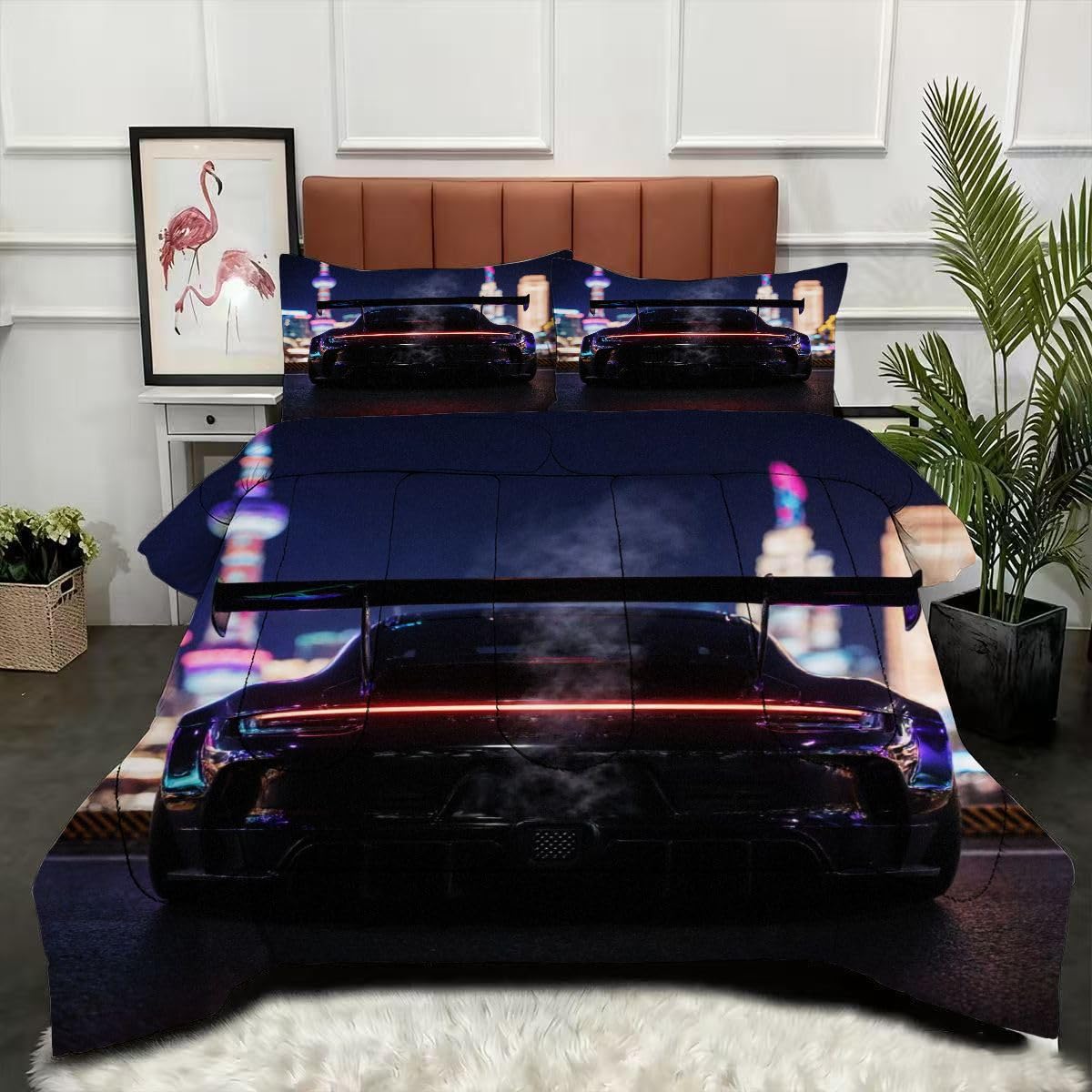 Couette 200x200 cm Voiture de Sport avec 2 taies d'oreiller, parure de lit microfibre 2 personnes