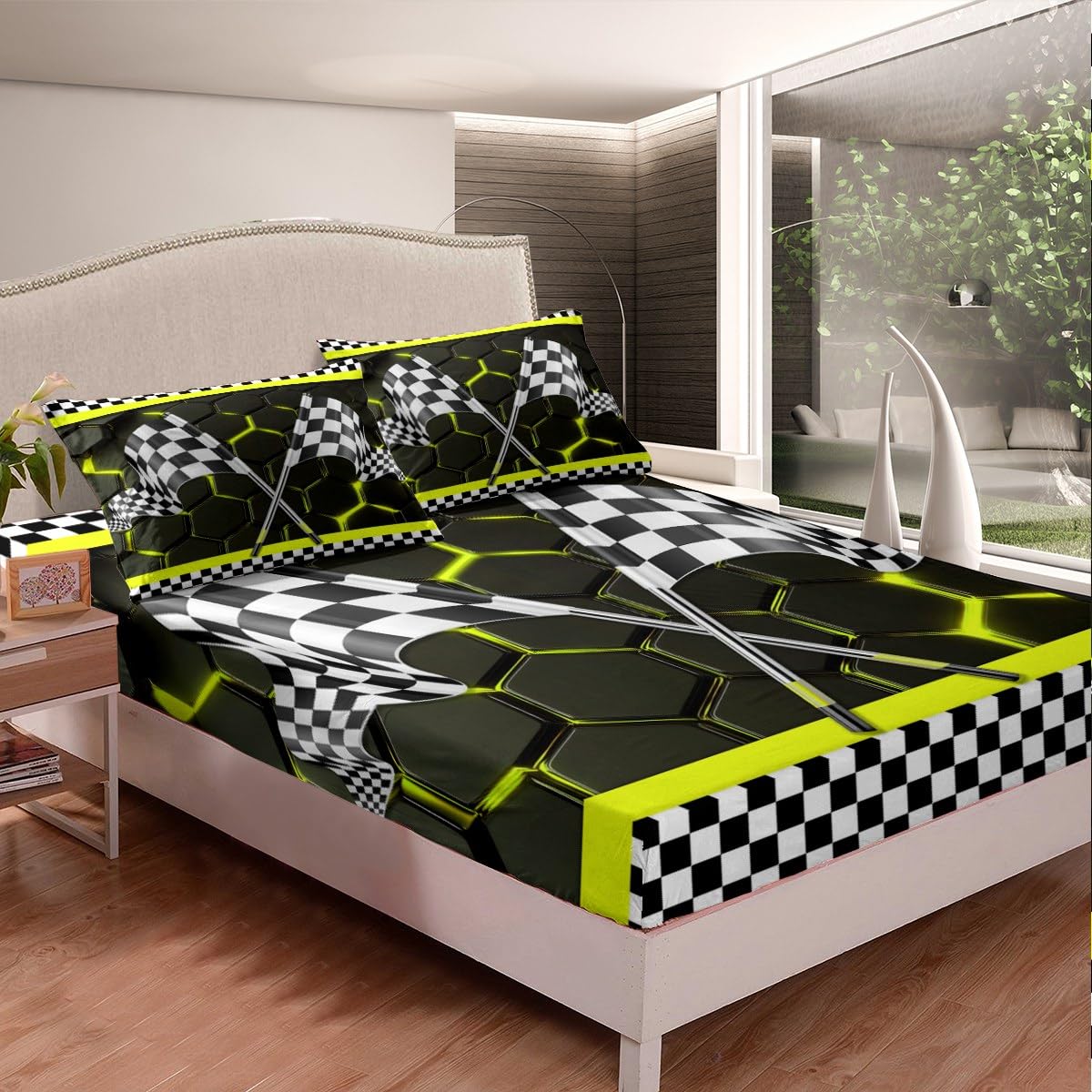 Erosebridal Racing Flag Fitted Sheet Queen Size,Boys Race Car Bed for Kids Teens,Yellow Glowing Neon Lights Honeycomb Bed Sheets,Black and White 3D Flag Grid Checkered Sheets Geometry Decor