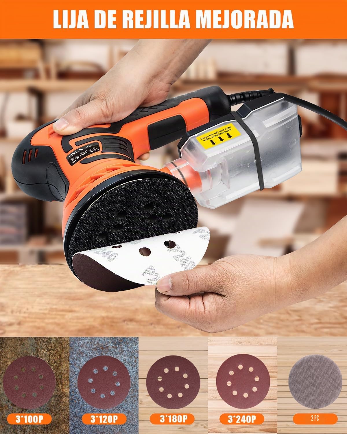 MYTOL Lijadora Madera 350W, 7-Velocidades Variables, 14pzs Papel de Lija(2pzs Papel de Lija Libre de Polvo)& Colector de Polvo,6000-13000 U/min, 125MM Lijadora Orbital para Trabajar Madera/Lijar/Pulir