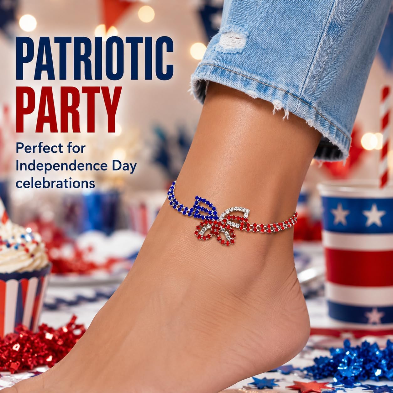 USA Patriotic Butterfly Anklets Bracelet For Women, 4th Of July American Flag Independence Day Red White Blue Cz Bow Ankle Bracelets Fashionable Summer Beach Gift Jewelry