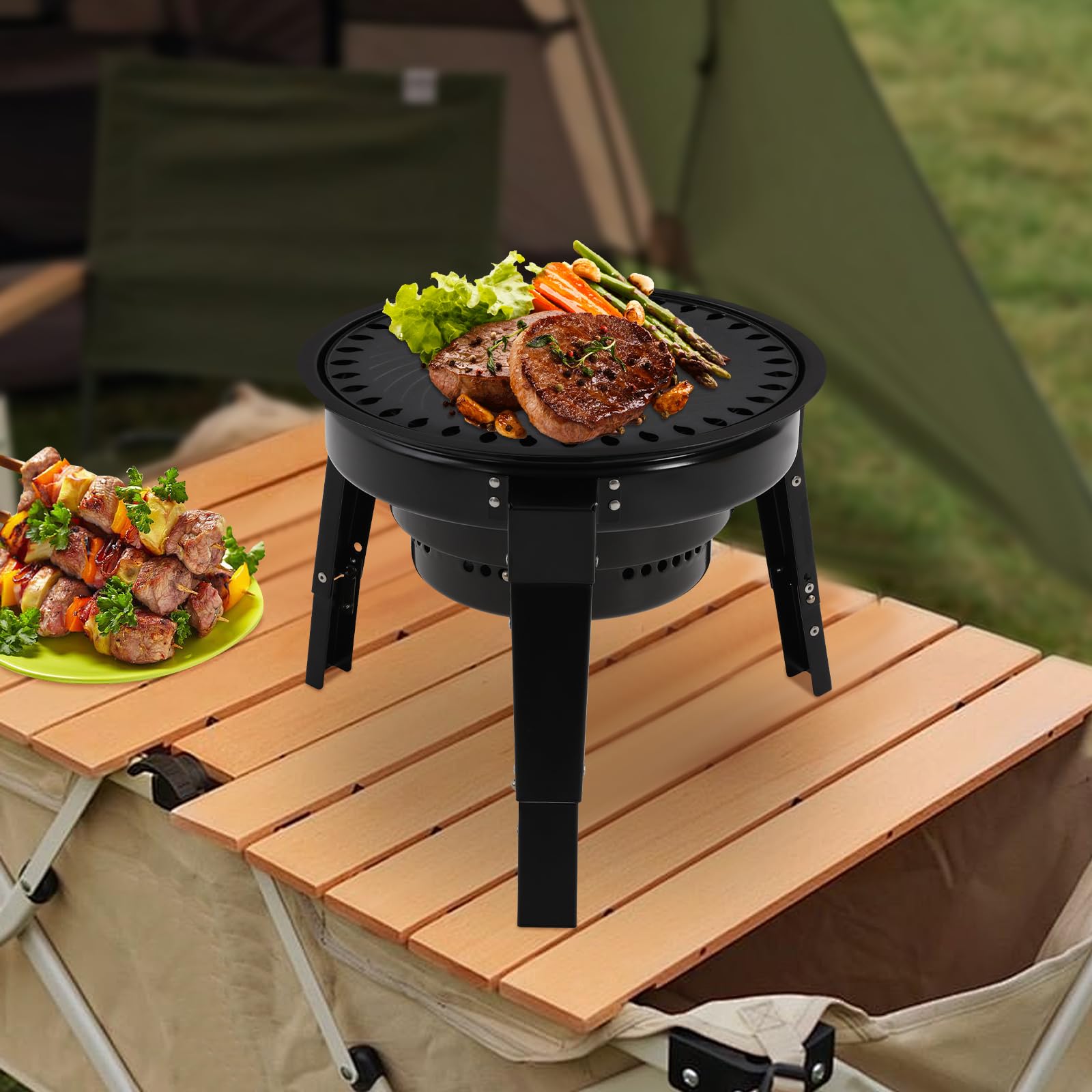 Barbecue portatile pieghevole a sfera, piccolo barbecue da tavolo a carbonella, in acciaio al carbonio, per campeggio e barbecue, mini barbecue con griglia e padella coreana