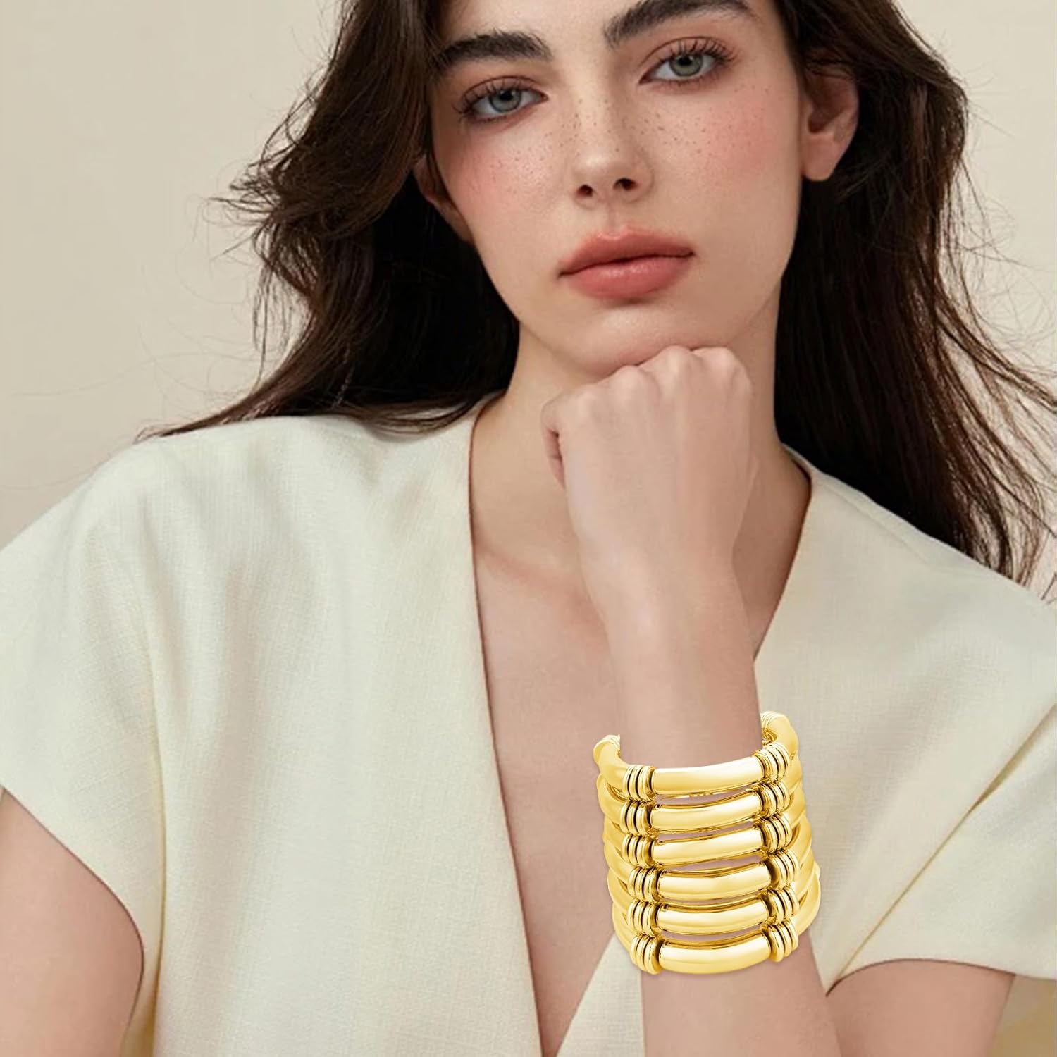 YBMYCM 5PCS Gold Chunky Bangles Bracelets for Women Plated Stackable Layered Curved Bamboo Tube Stretch Bracelets Bangle Gift Jewelry