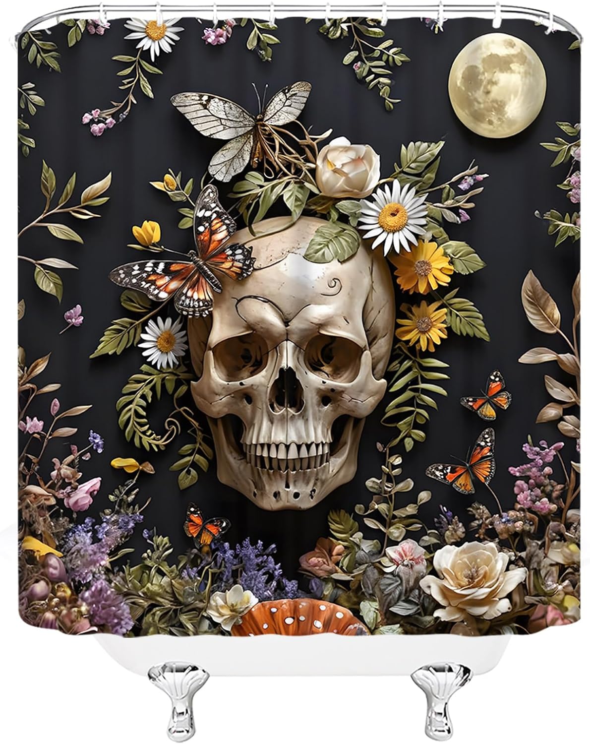 Gothic Skull Shower Curtain Halloween Skull Skeleton Flower Butterfly Leaves Retro Spooky Fabric Bathroom Decor Curtain with Hooks,70Wx96H Inches