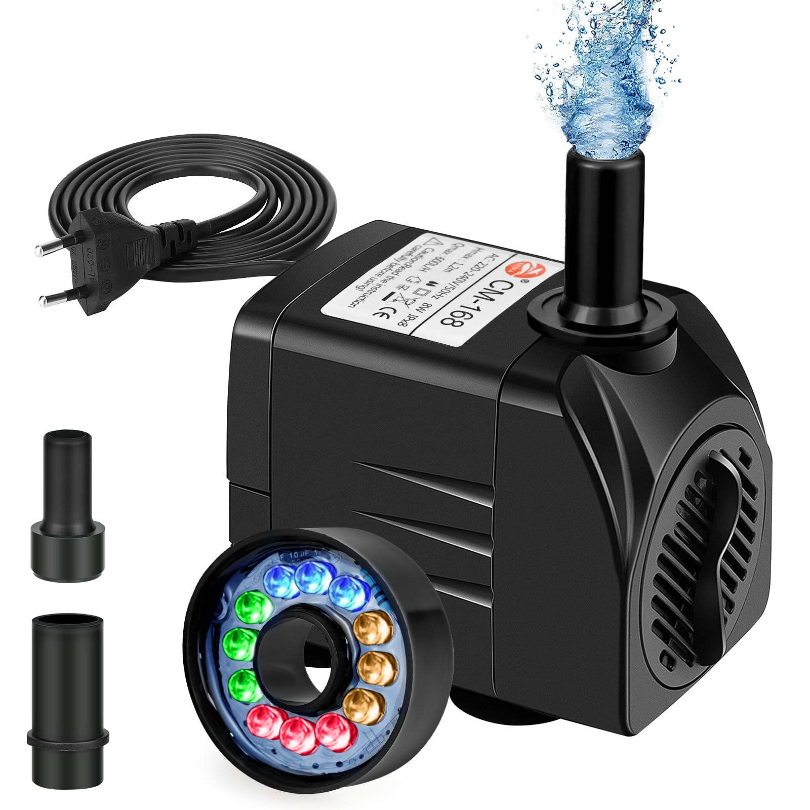 Springbrunnenpumpe 12V 350l/h Mit LED Spot - Teichpumpe Bachlaufpumpe Für Garten Brunnen