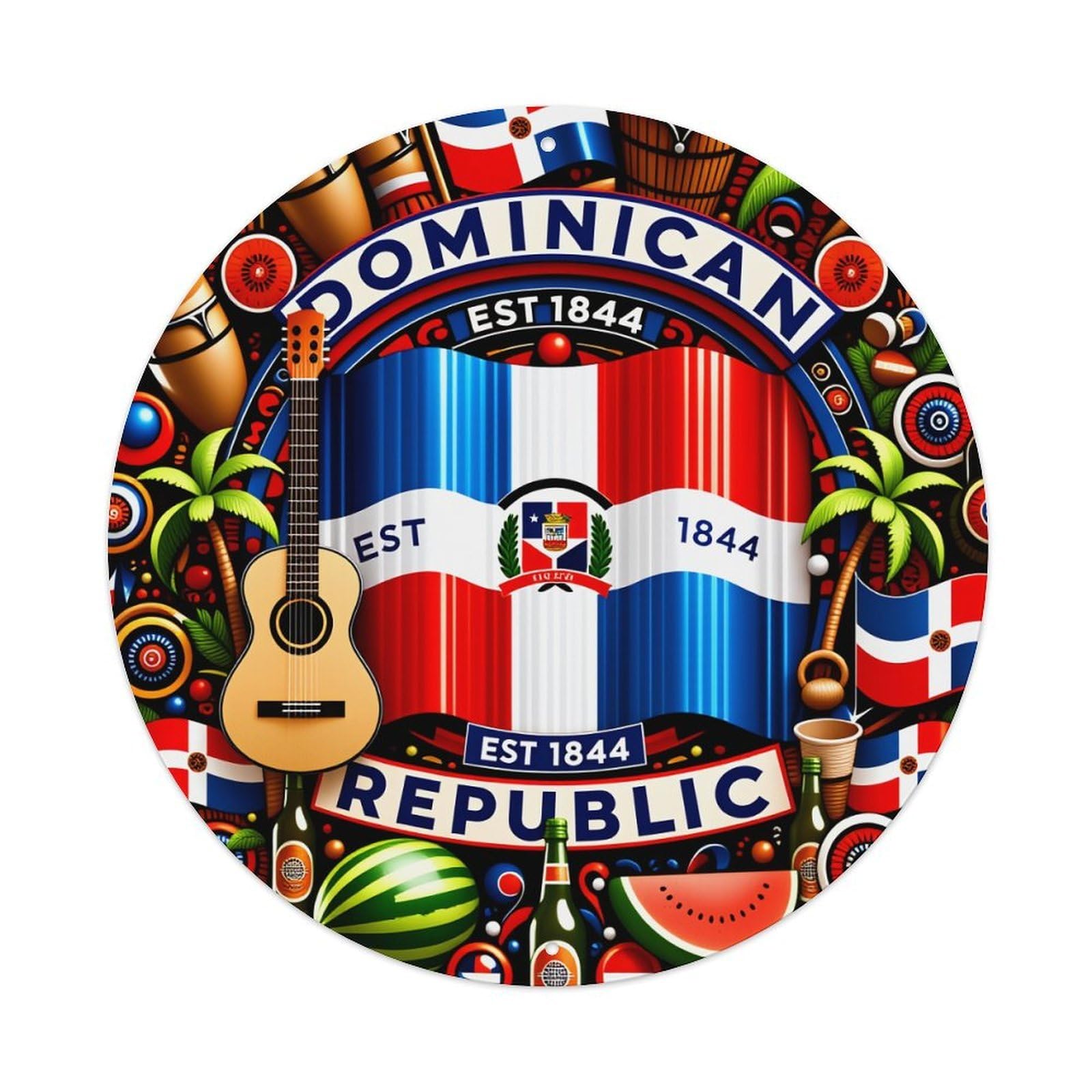 Wmlzdnwr Vintage Dominican Republic Flag Guitar Palm Trees Watermelon Music Instruments Round Tin Sign,Retro Wall Art,Metal Poster For Home, Bar, Garage, Cafe, Rustic Indoor & Outdoor Decor, 8X8 Inches