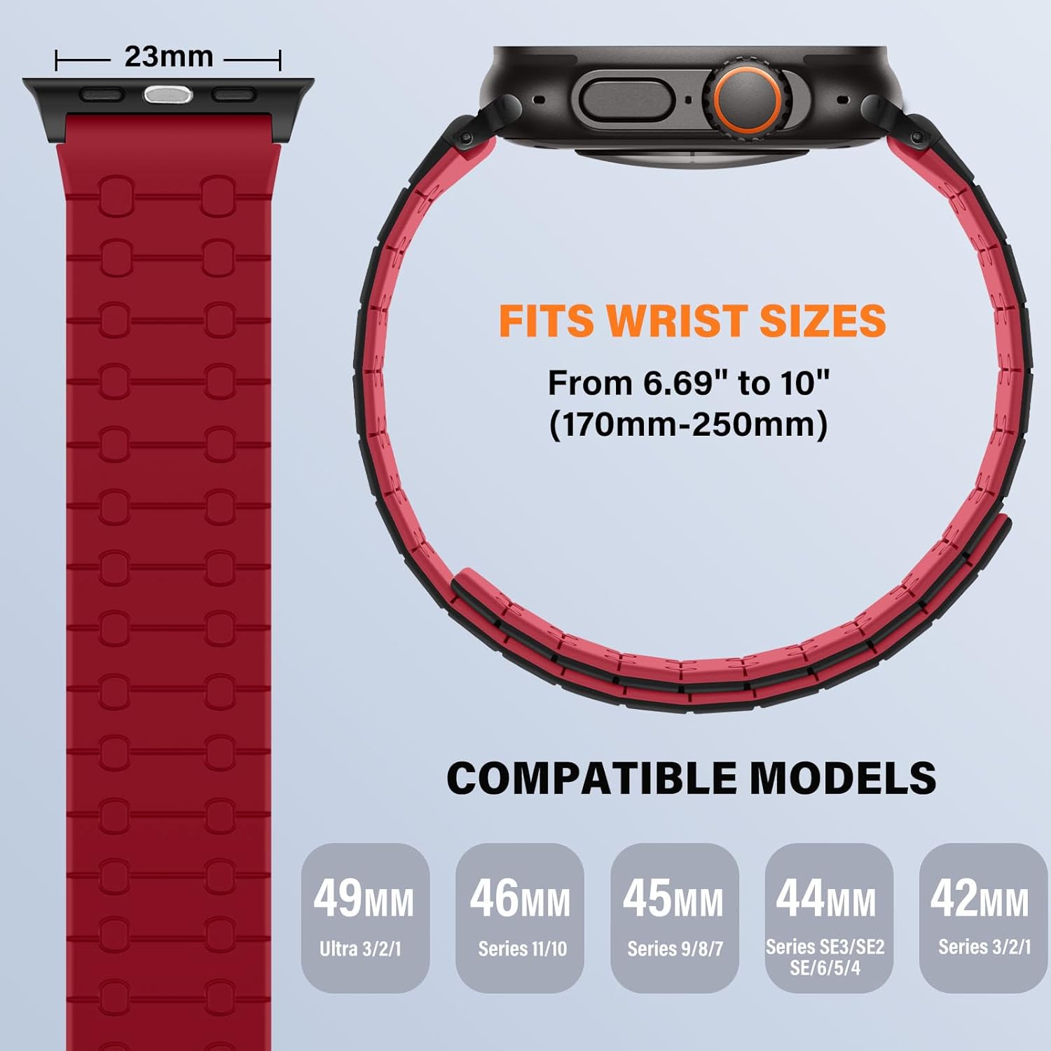 Double Sided Wearable Magnetic Band Compatible with Apple Watch Band 49mm 46mm 45mm 44mm 42mm for Men Women, Soft Silicone Strap for iWatch Ultra SE Series 11 10 9 8 7 6 5 4 3 2, Black-Red - Image 3