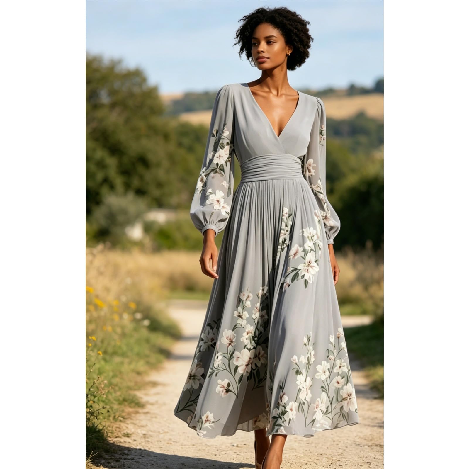 Abito da donna con scollo a V a maniche lunghe stampato a pieghe a vita alta Big Swing A-Line Maxi Abiti Femme Holiday Party