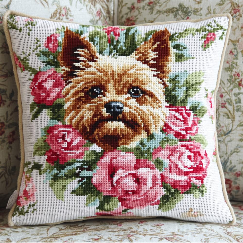 Henypt Latch Hook Kit Pillow for Adults and Beginners Yorkshire Terrier and