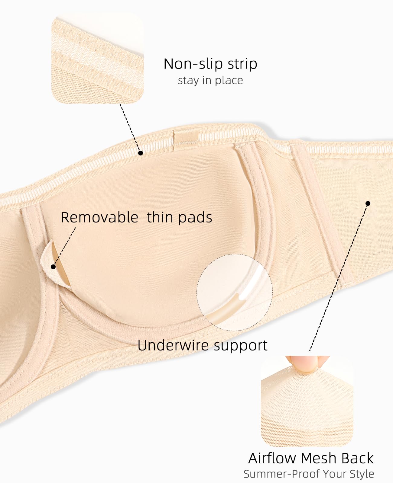 Upushall Sujetadores sin tirantes de talla grande para mujer, brasier bandeau acolchado con tirantes transparentes