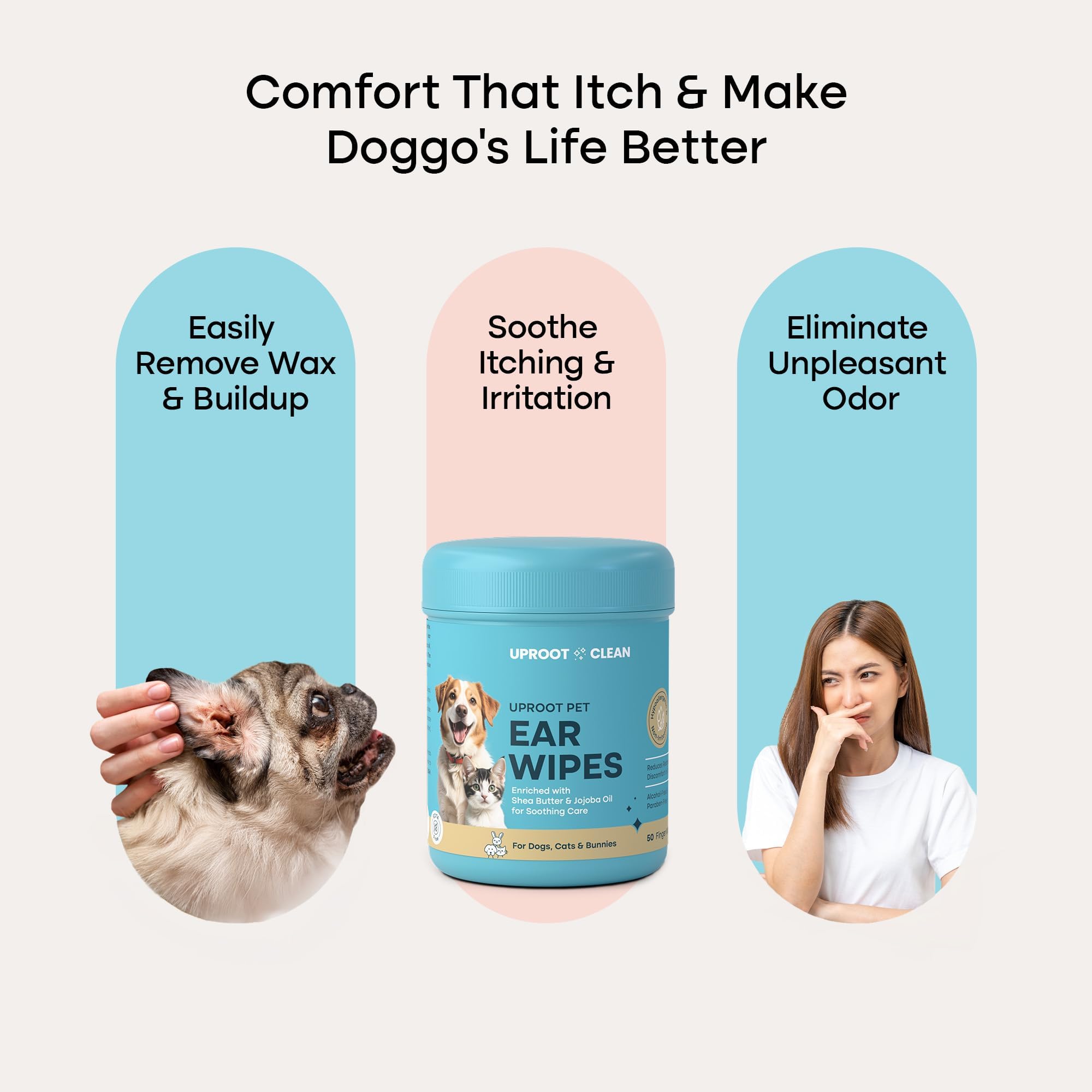 Uproot Clean Cat & Dog Ear Cleaner Finger Wipes (50ct.): Disposable Dog Ear Wipes Enriched with Shea Butter & Jojoba Oil - Cleaner Removing Wax Build Up, Help with Odor Discomfort - image 4