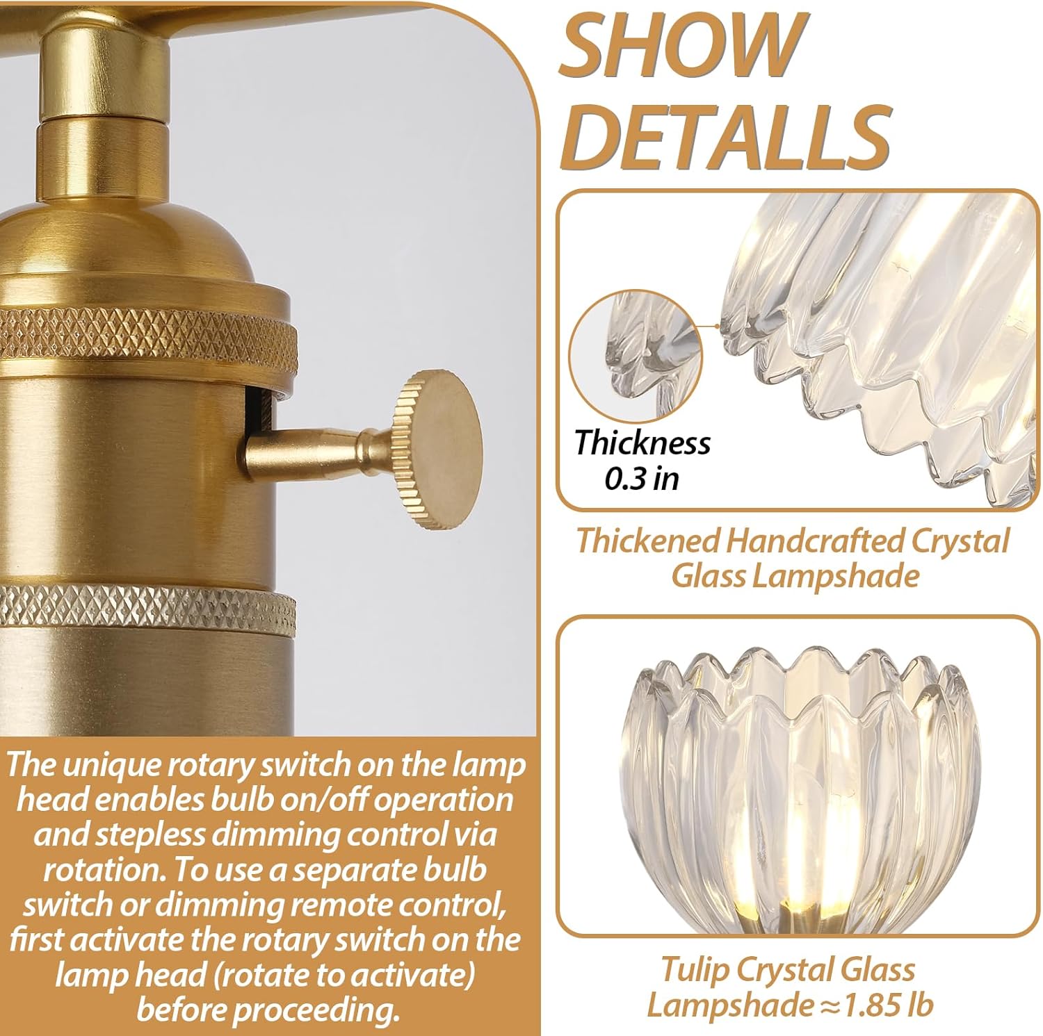 Gold 3 Light Bathroom Vanity Light,18.8in Modern Bathroom Lighting Fixtures Over Mirror with Clear Tulip Crystal Glass Shade,Brass Vintage Vanity Lights for Bathroom Living Room（not include bulbs)