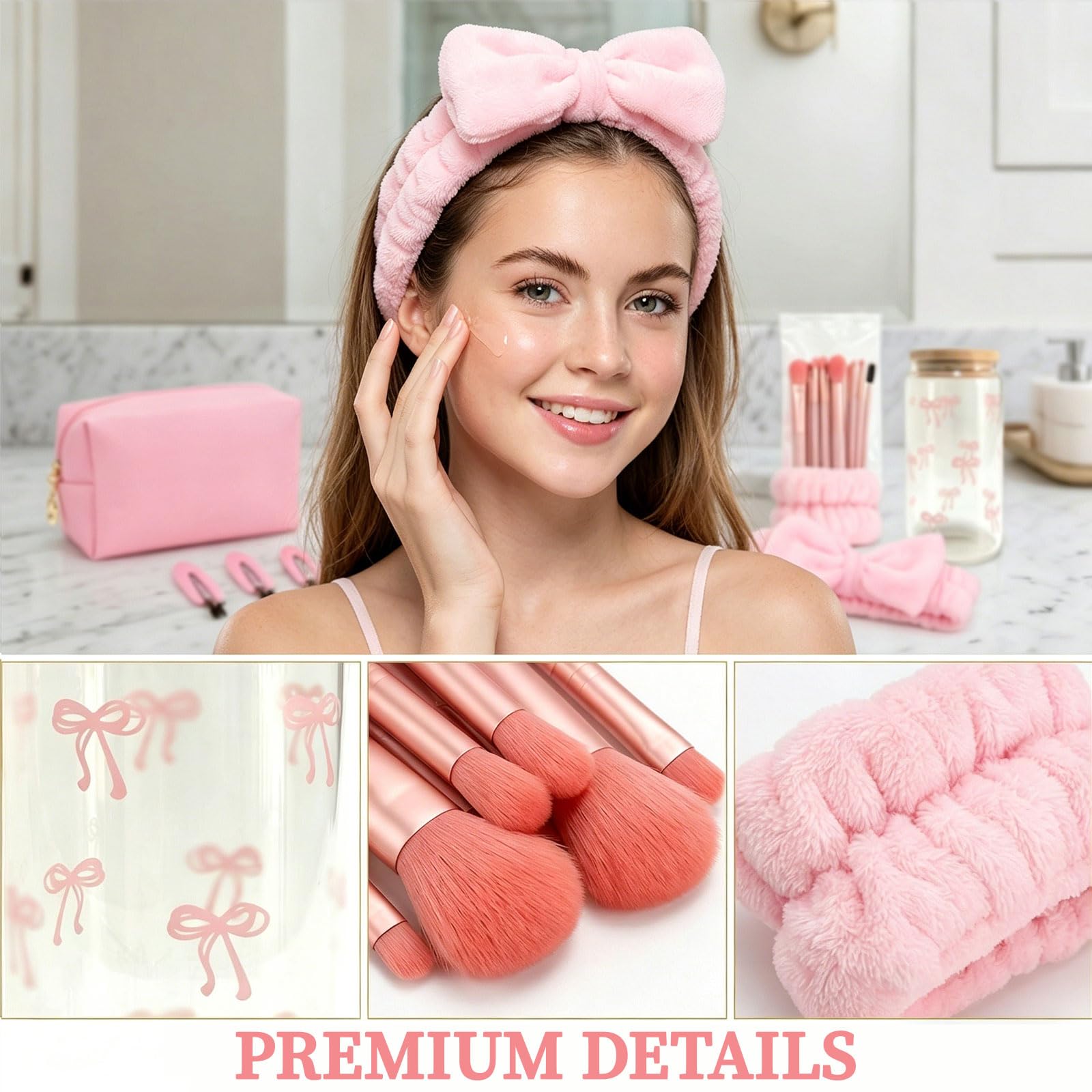 rosa Geschenkbox Regalo per Ragazze Teenager 9-16 Anni, Set Regalo di Compleanno con Bicchiere di Vetro, Cannuccia, Coperchio, Pennelli Trucco, Borsetta Cosmetica, Fermaglio per Capelli,