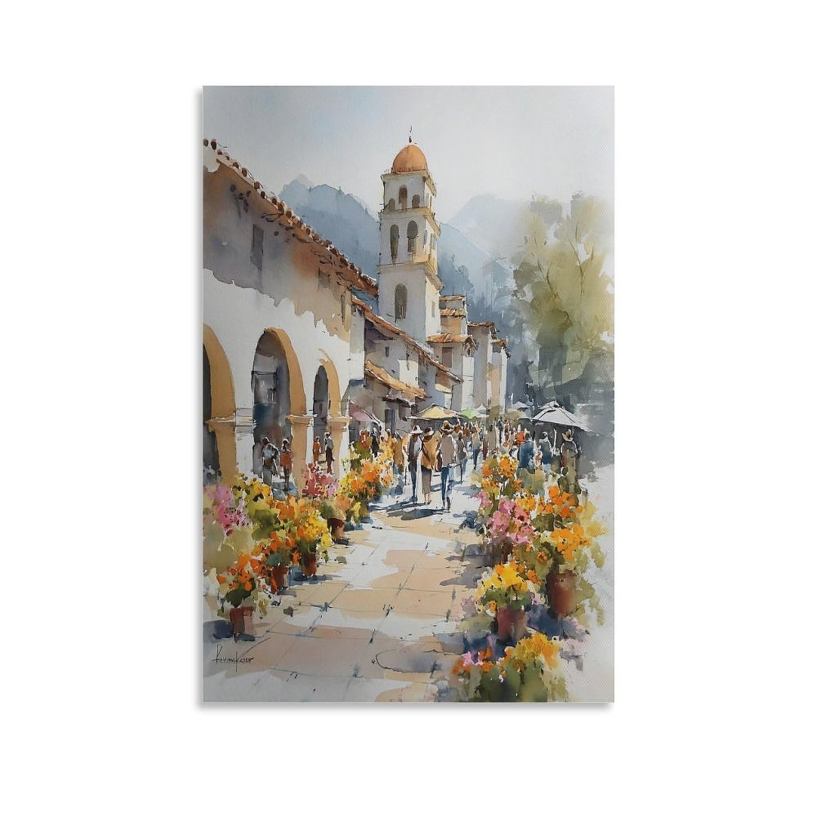 Cnaheiz Unframe-Style Puerto Rico Flower Market Watercolor Painting Botanical Wall Art 20X30inch(50X75cm) Vintage Watercolor Canvas Art