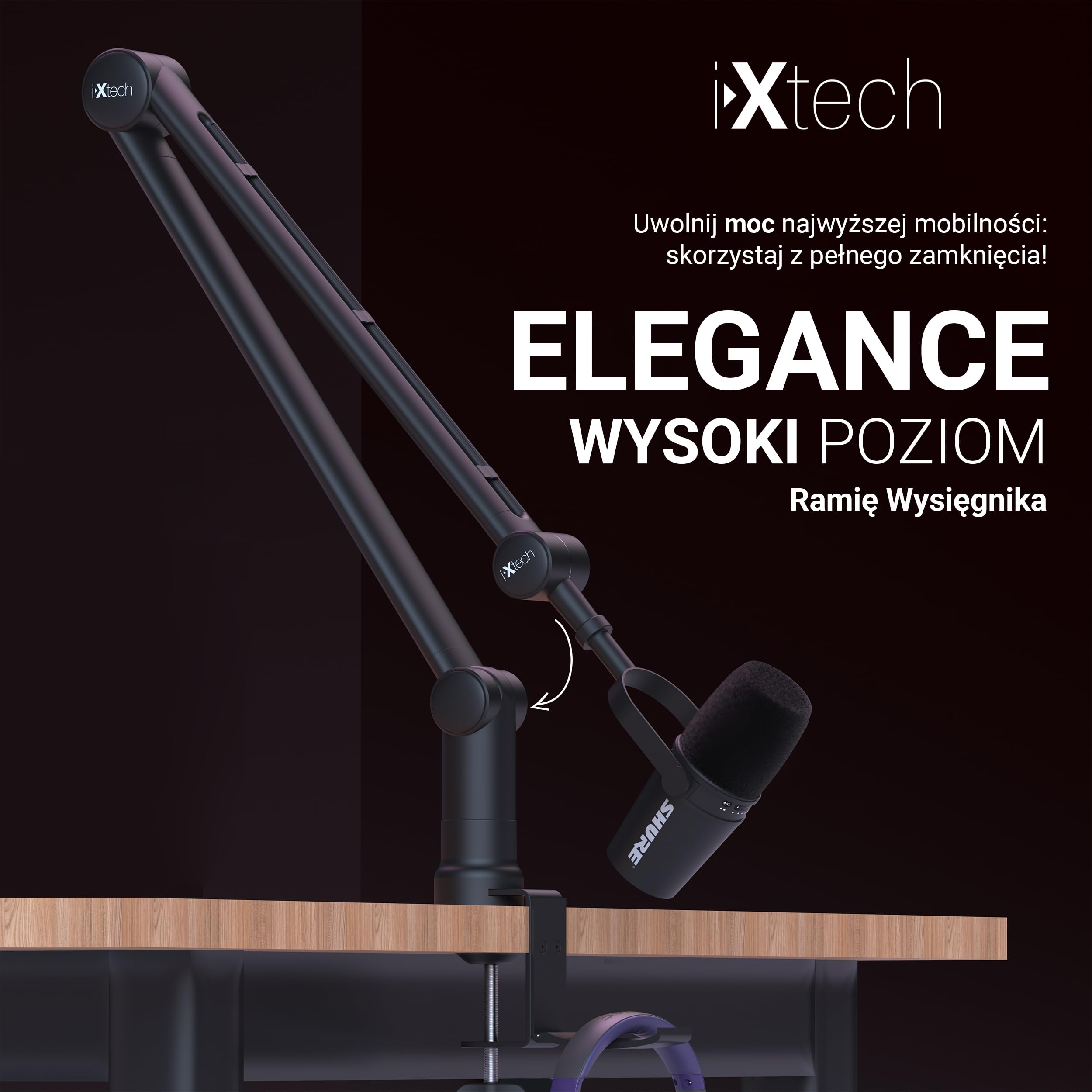 IXTECH Ramię wysięgnika mikrofonowego z uchwytem na biurko, obracane o 360°, regulowane i składane mocowanie nożycowe do podcastów, gier wideo, radia i studia audio, solidne i uniwersalne, elegancki