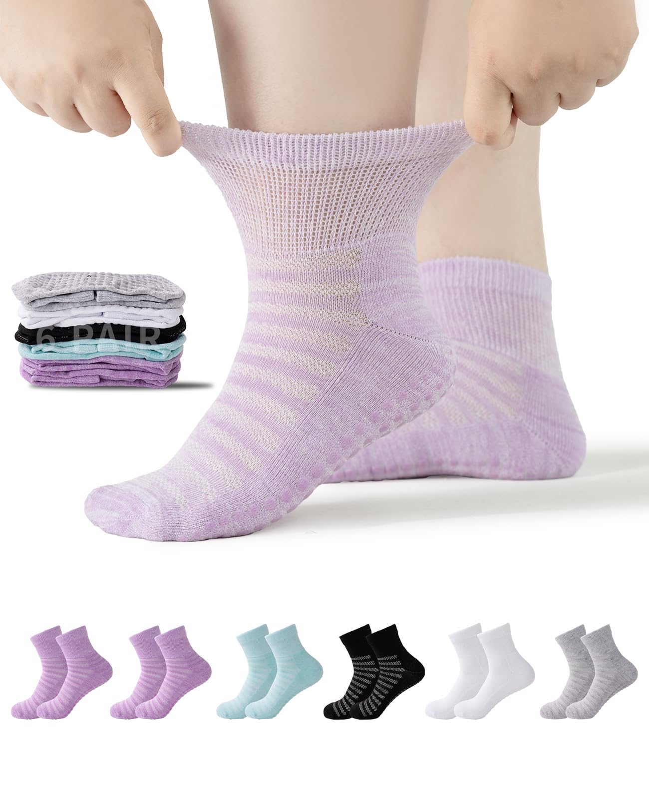 6 Pair Diabetic Ankle Slipper Socks with Grippers for Women Extra Width Non Binding Socks for Women